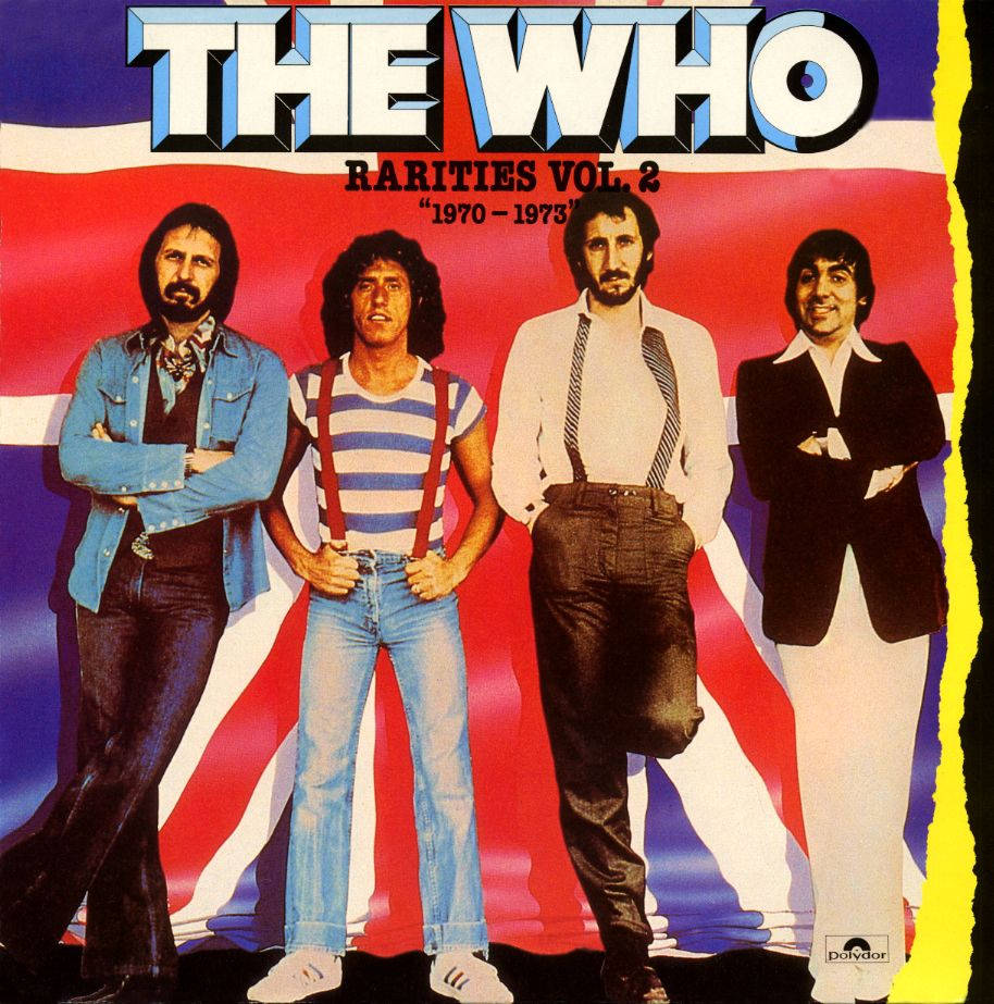 The Who 樂隊成員在他們的專輯封面上，以風格化的英國國旗為背景擺姿勢。