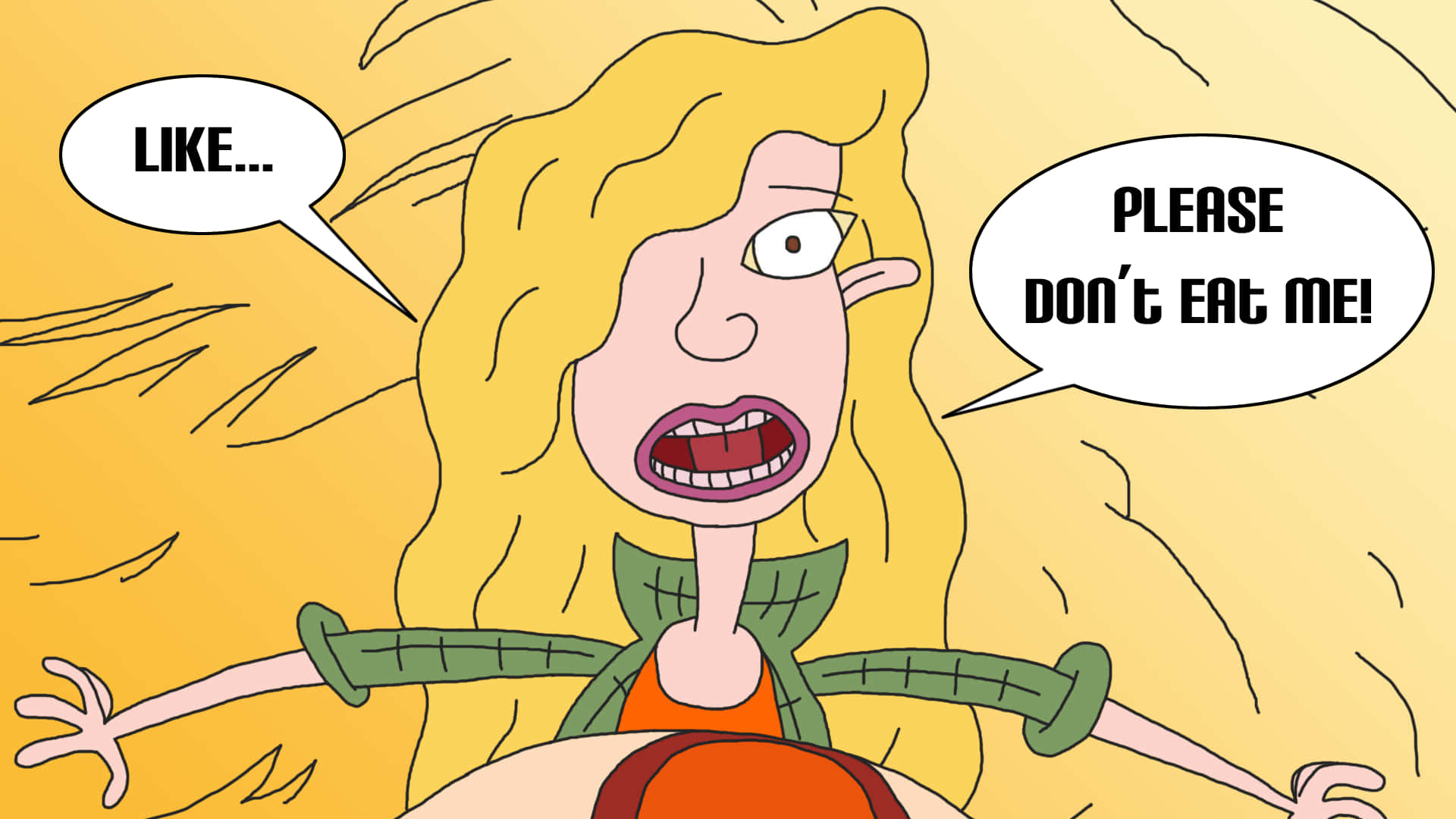 《The Wild Thornberrys》中的Debbie Thornberry擺出姿勢 壁紙 — 一個長金髮的卡通女人在黃色背景前驚恐地尖叫，懇求「請不要吃我！」
