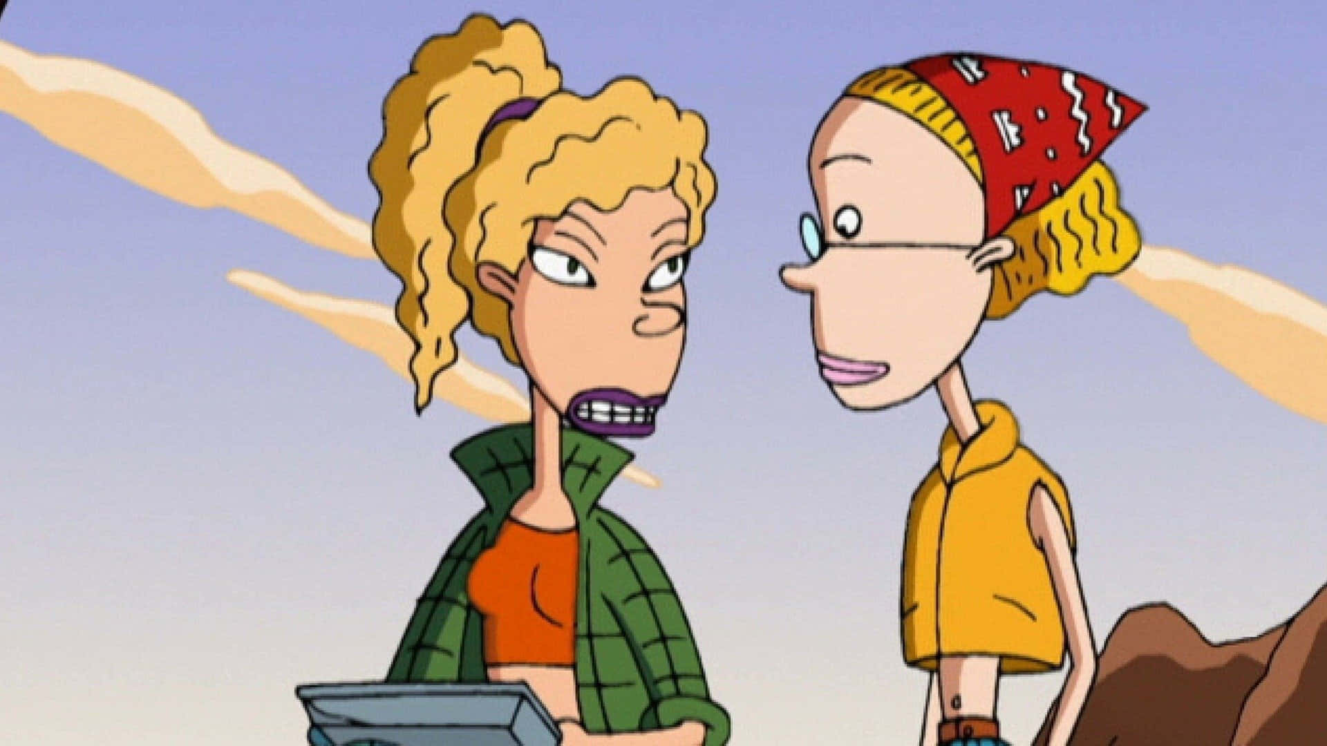 The Wild Thornberrys 馬麗安與黛比 壁紙 — 兩個表情誇張的動畫角色站在帶有光線條紋的風格化天空前。