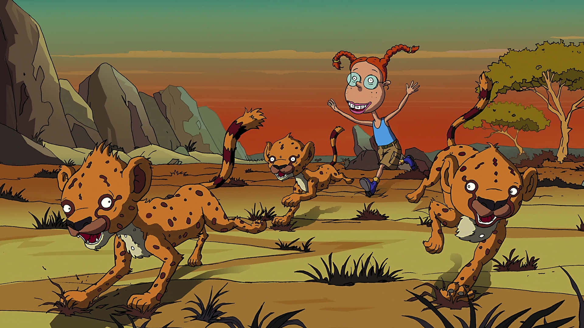 《The Wild Thornberrys》Eliza與獵豹同行 壁紙 — 一個紮著紅色辮子的卡通女孩在日落時分快樂地跑過稀樹草原，被三隻頑皮的獵豹追逐。