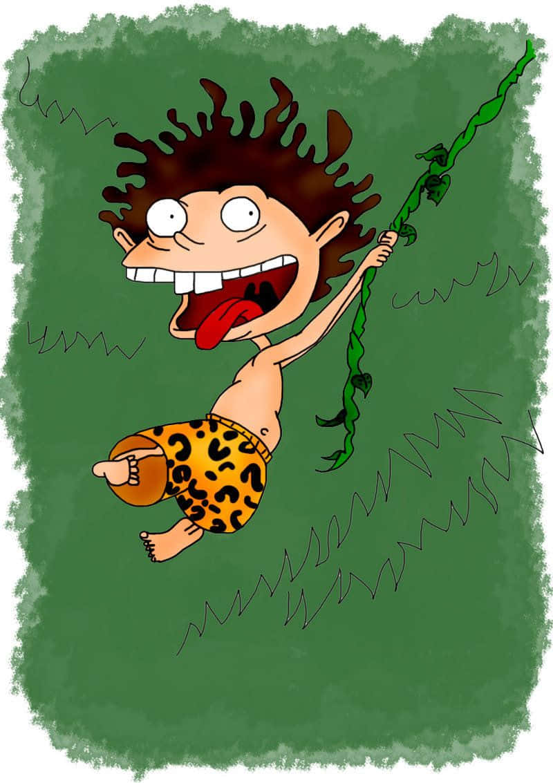 《The Wild Thornberrys》中的酷炫Donnie 壁紙 — 一個卡通原始人，頭髮蓬亂，穿著豹紋短褲，開心地倒掛在藤蔓上。