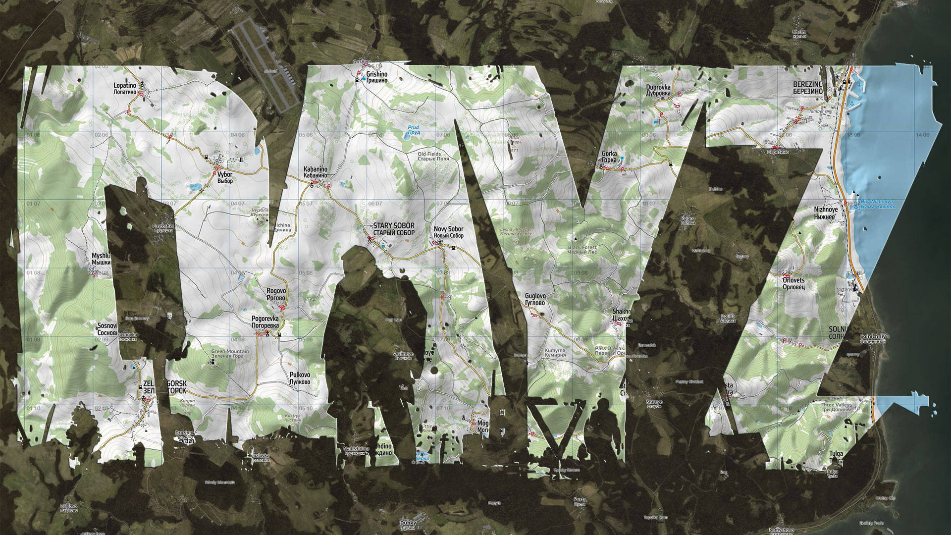 士兵剪影站立在由地形圖形成的「BAY」字母內。