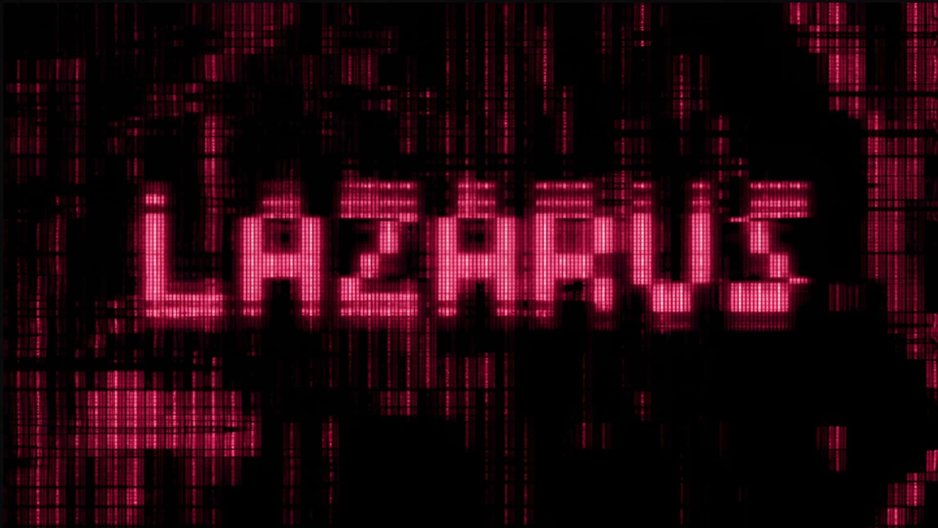  壁紙 — 「LAZARUS」呢個字喺黑暗數碼網格背景上以故障粉紅色像素發光。
