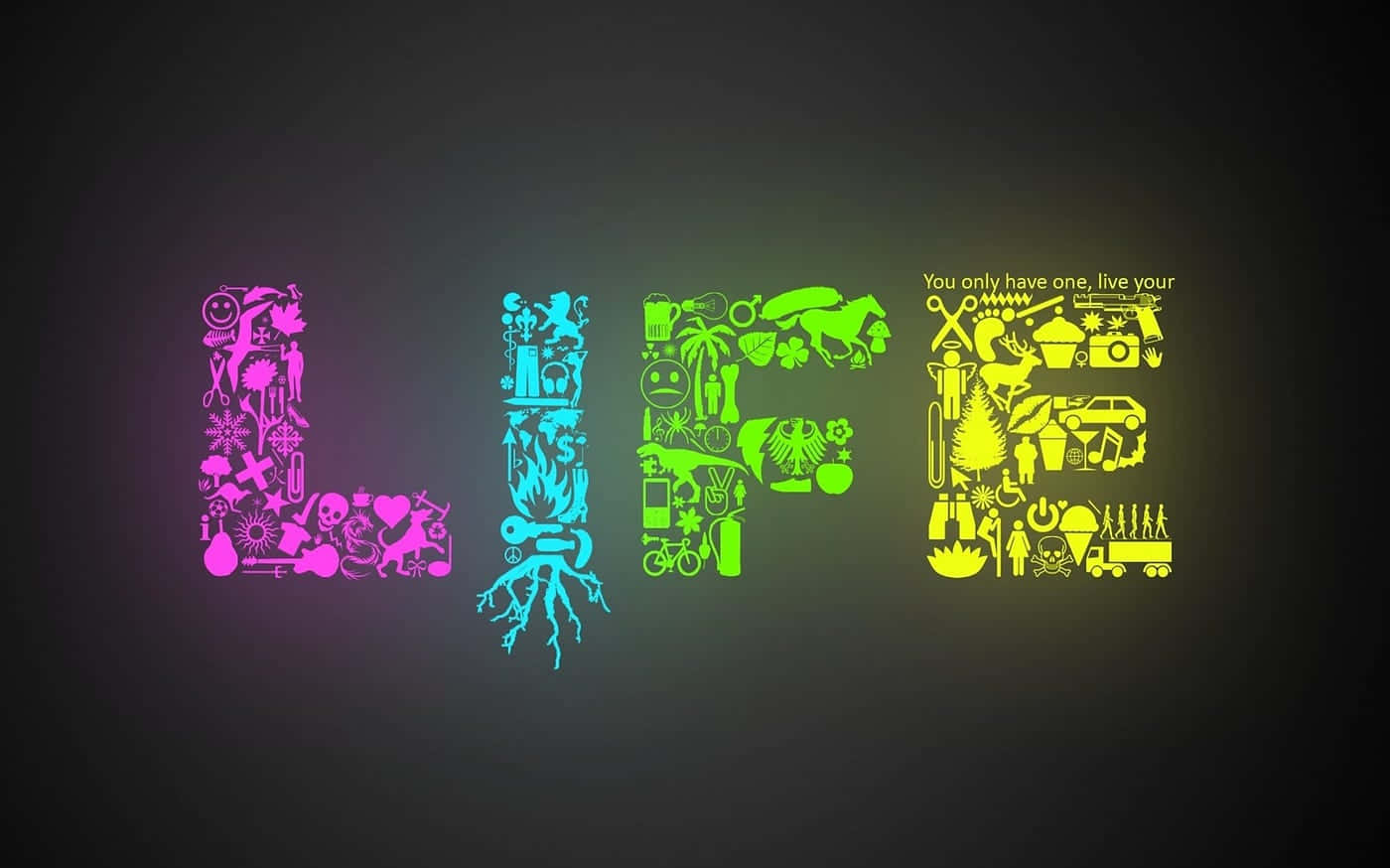  壁紙 — 「LIFE」一詞在深色漸變背景上以充滿活力的霓虹色調發光，其中充滿了象徵體驗的各種圖標。