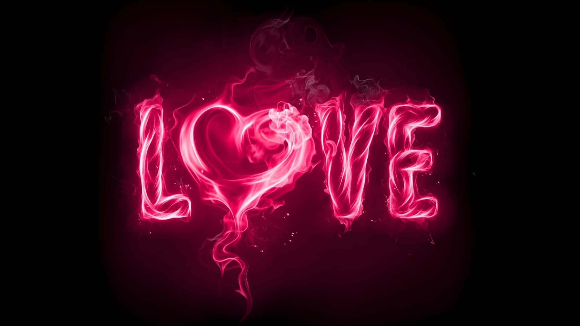  壁紙 — 「LOVE」一詞在深色背景上以充滿活力的粉紅色煙霧發光，其中 O 被心形取代。