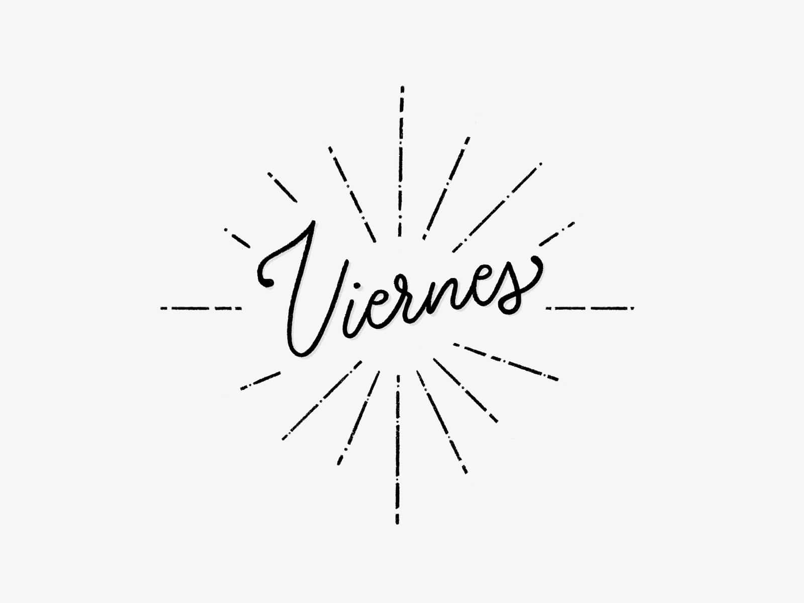  壁紙 — 「Viernes」一詞以粗體黑色字體和虛線射線在潔白背景上散發光芒。