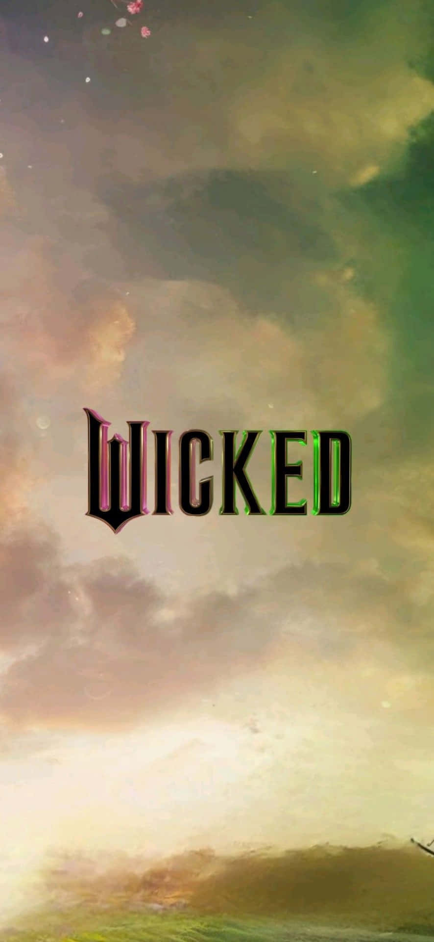  壁紙 — 「WICKED」一詞在旋轉雲層和柔和金色光芒的戲劇性天空背景下，以紫色和綠色邊緣發光。