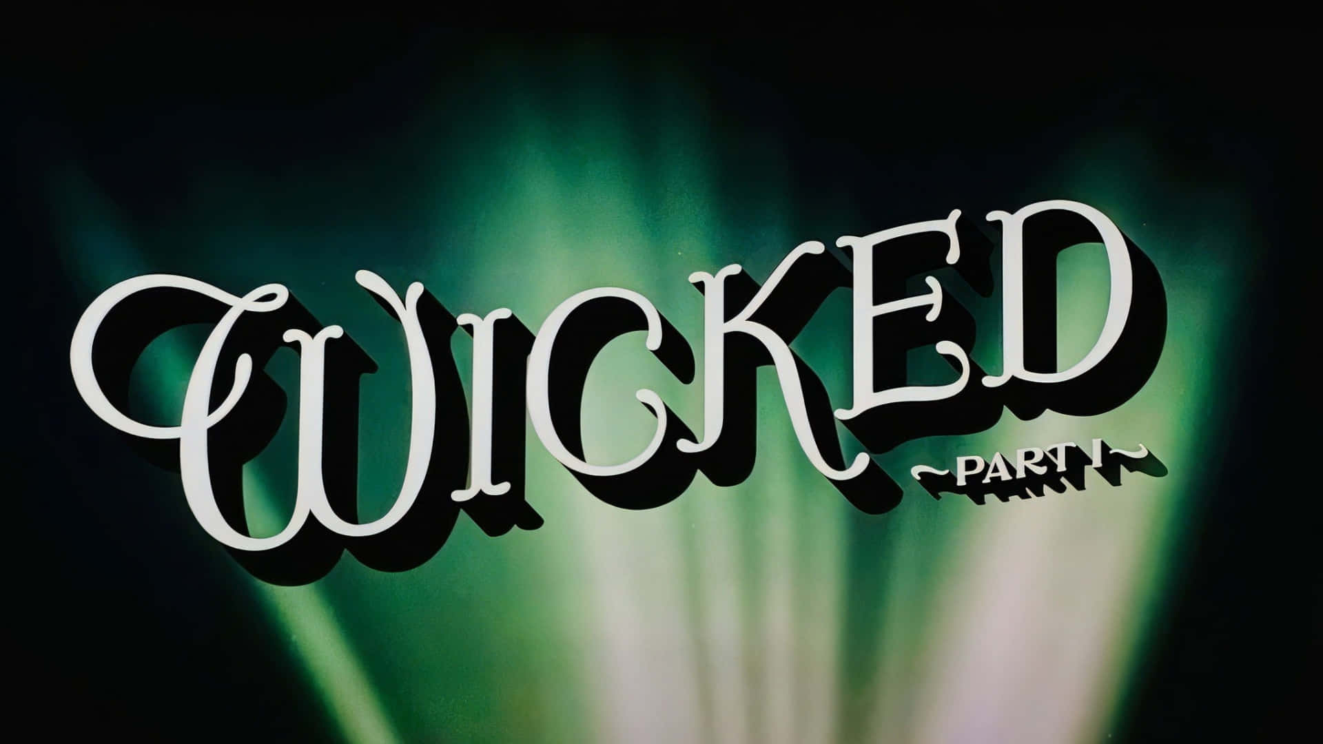  壁紙 — 「WICKED」一詞以優雅的白色字體和黑色投影，在發光的綠色和黑色背景上脫穎而出。