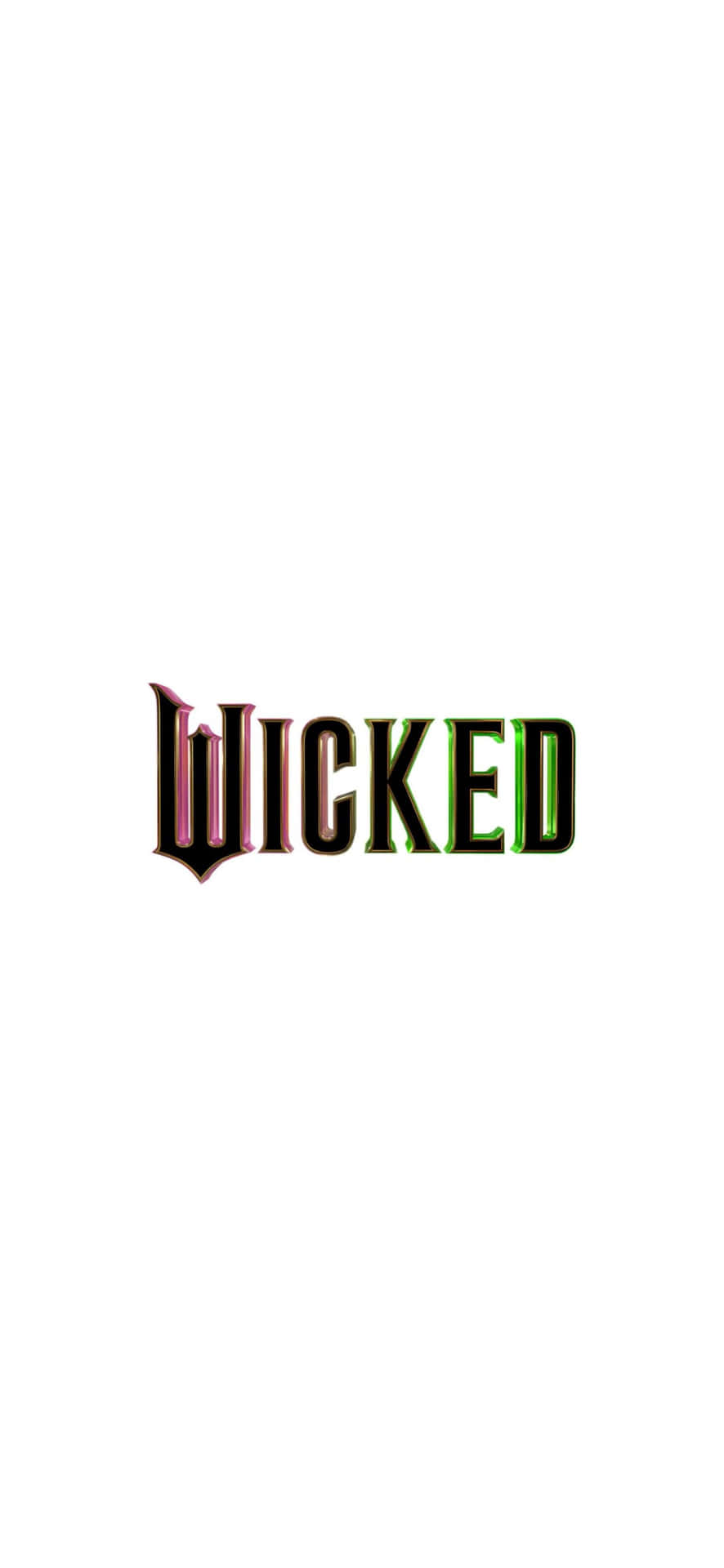  壁紙 — 在純白色背景上，以風格化字體呈現的「WICKED」一詞，帶有粉紅色和綠色的發光邊緣。