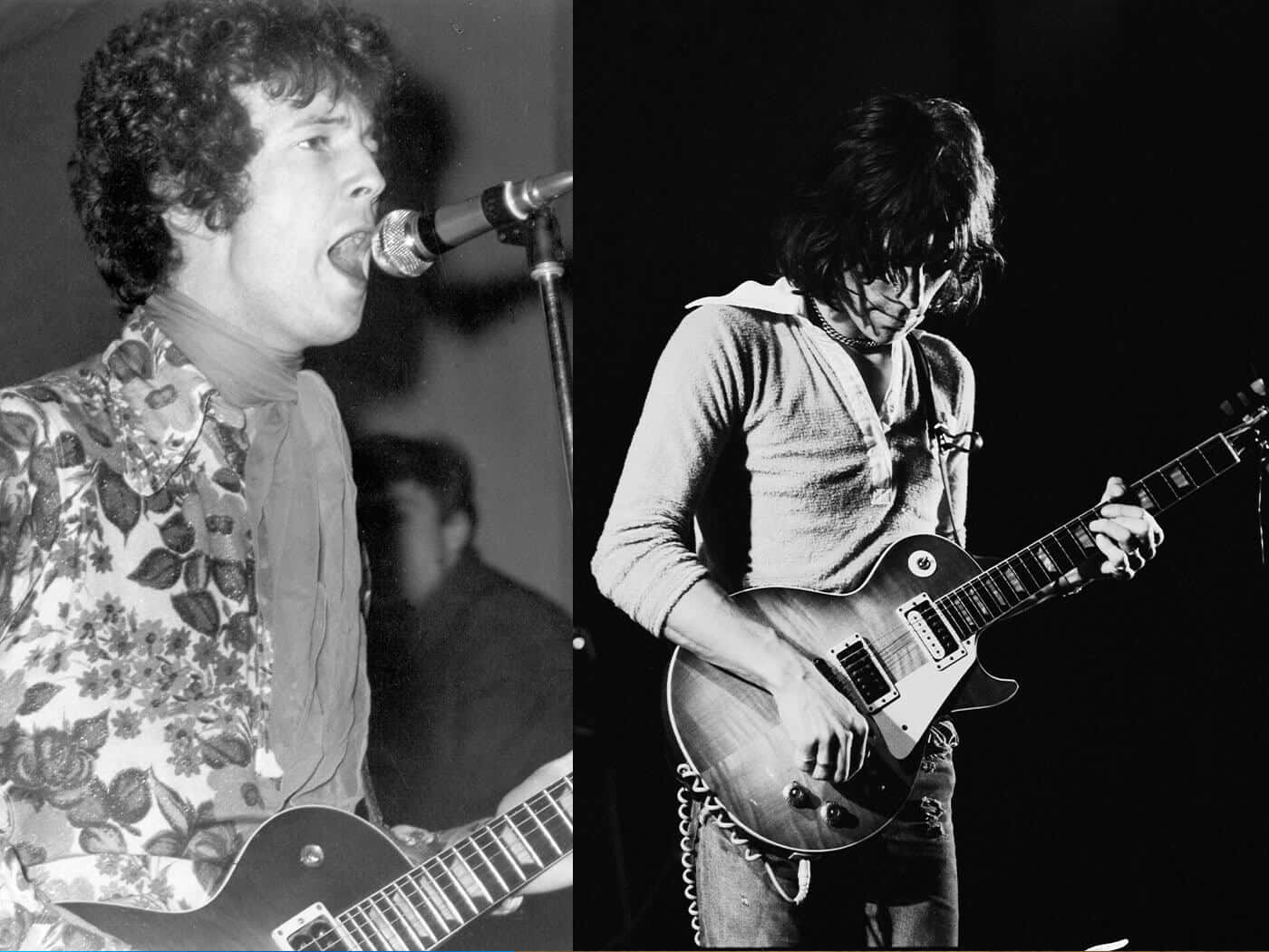 The Yardbirds Eric Clapton與Jeff Beck 壁紙 — 黑白分割圖像，兩位音樂家現場表演，一位對著麥克風唱歌，另一位彈奏電結他。