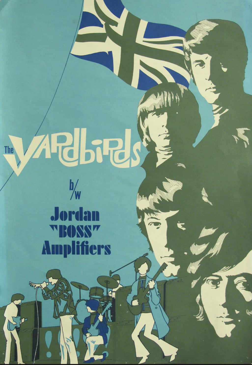 The Yardbirds 搭配 Jordan Boss 擴音器的經典海報 壁紙 — 復古海報，以青綠色背景襯托風格化的樂隊成員和英國國旗，宣傳Jordan Boss Amplifiers。