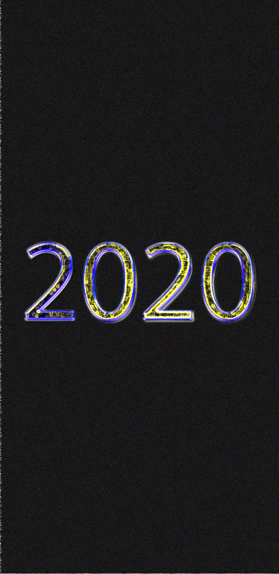  壁紙 — 2020年以充滿活力的黃色和藍色霓虹輪廓在紋理黑色背景上發光。
