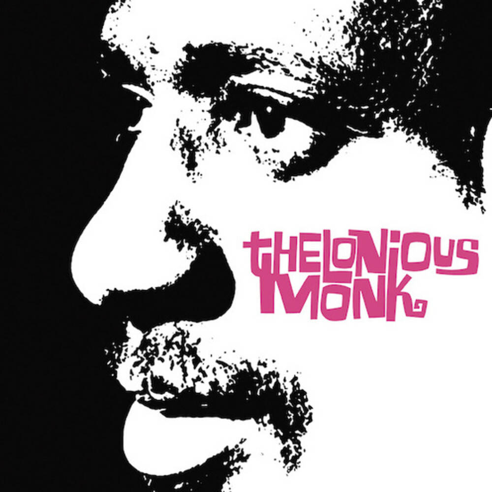 Thelonious Monk 黑白剪影 壁紙 — Thelonious Monk 嘅大膽黑白圖像肖像，配上鮮豔粉紅色風格化文字，背景簡潔。