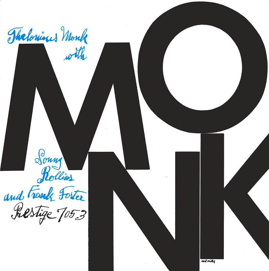 Thelonious Monk 簽名專輯封面 壁紙 — 白色背景上粗體黑色字母拼出MONK，藍色草書文字列出爵士音樂家和唱片公司。