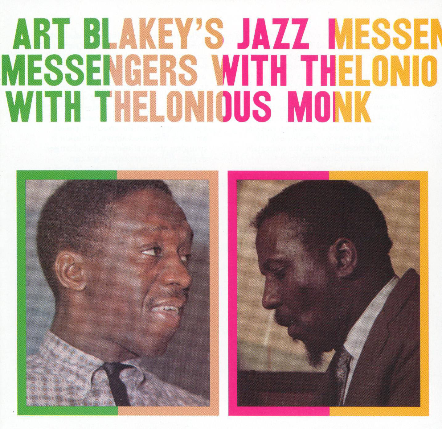 Thelonious Monk 與 Art Blakey 爵士樂隊 壁紙 — 兩位爵士樂音樂家的側面肖像，以鮮豔的彩色邊框框住，背景為白色，並帶有多色文字。