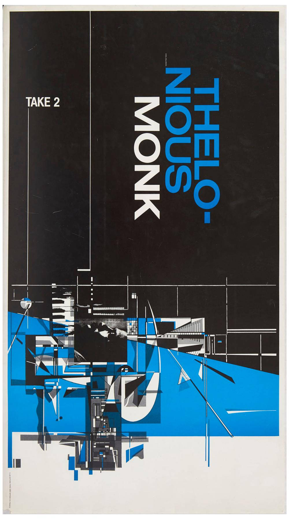 Thelonious Monk 爵士音樂會門票 壁紙 — 大膽的幾何海報，帶有藍色、白色和黑色的抽象形狀，以及文字 Thelonious Monk Take 2。