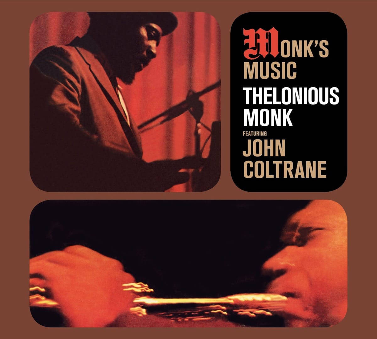 Thelonious Monk 與 John Coltrane 合作音樂 壁紙 — 一張復古爵士樂專輯封面，顯示Thelonious Monk在彈鋼琴，John Coltrane在吹色士風，沐浴在溫暖的紅色舞台燈光中。