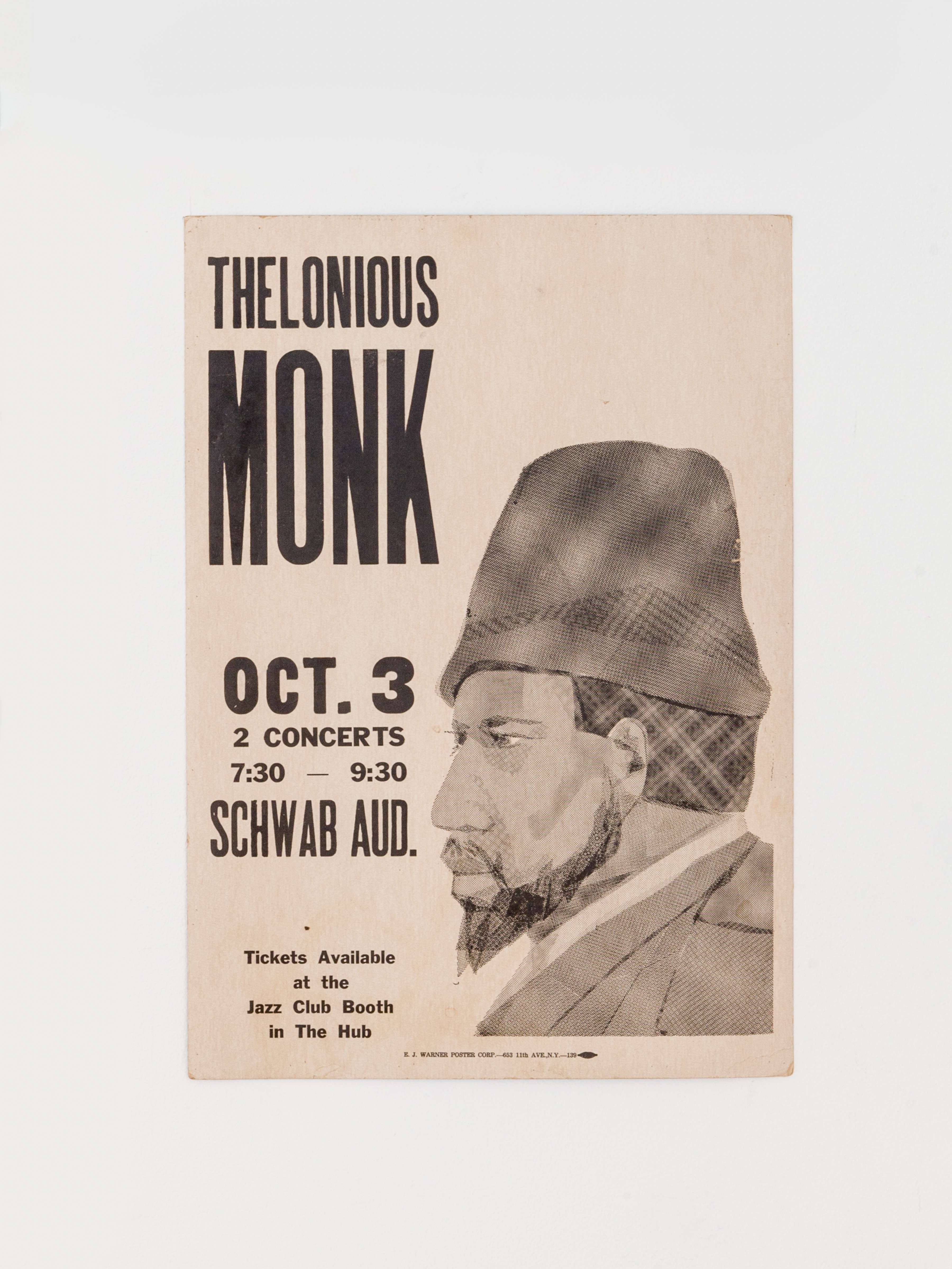Thelonious Monk 與 Eddie Gomez 爵士音樂會（10月3日） 壁紙 — 復古棕褐色調爵士海報，為Thelonious Monk於10月3日在Schwab Auditorium的音樂會而設，附有他的側面肖像。