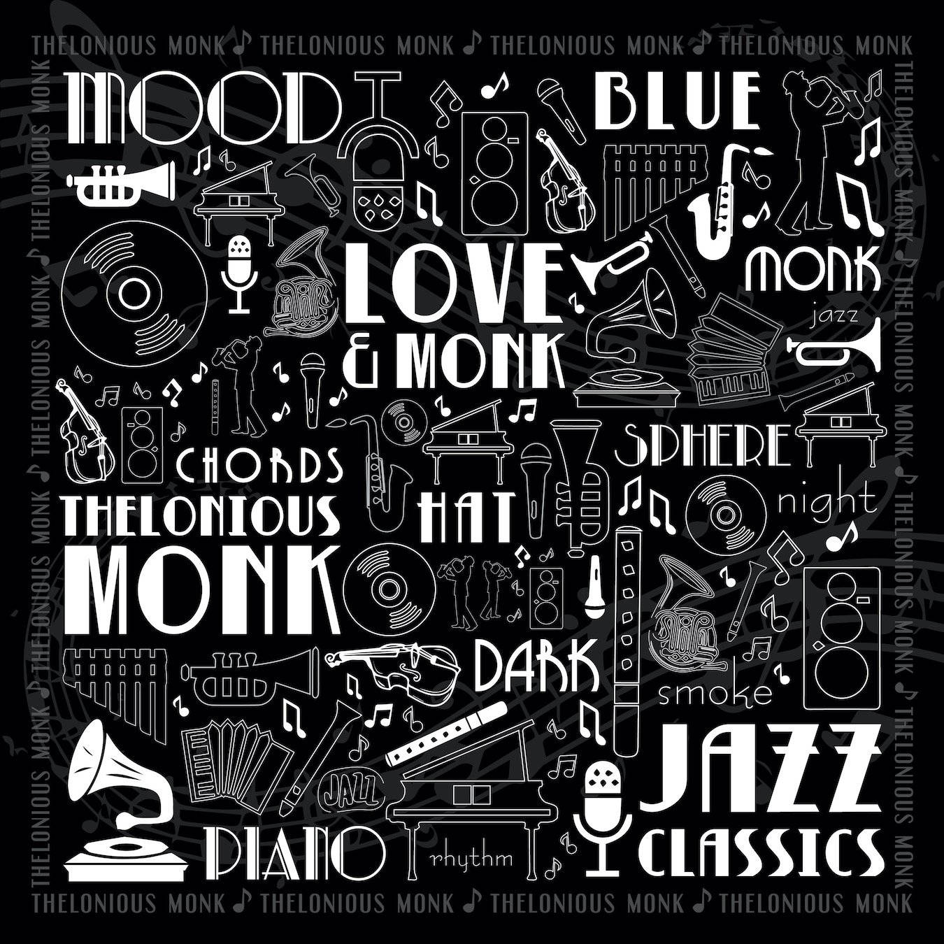 Thelonious Monk《Jazz Classics》暗黑風格專輯封面 壁紙 — 一張黑白圖形拼貼畫，包含爵士樂器、文字和音樂符號，頌揚Thelonious Monk的遺產。