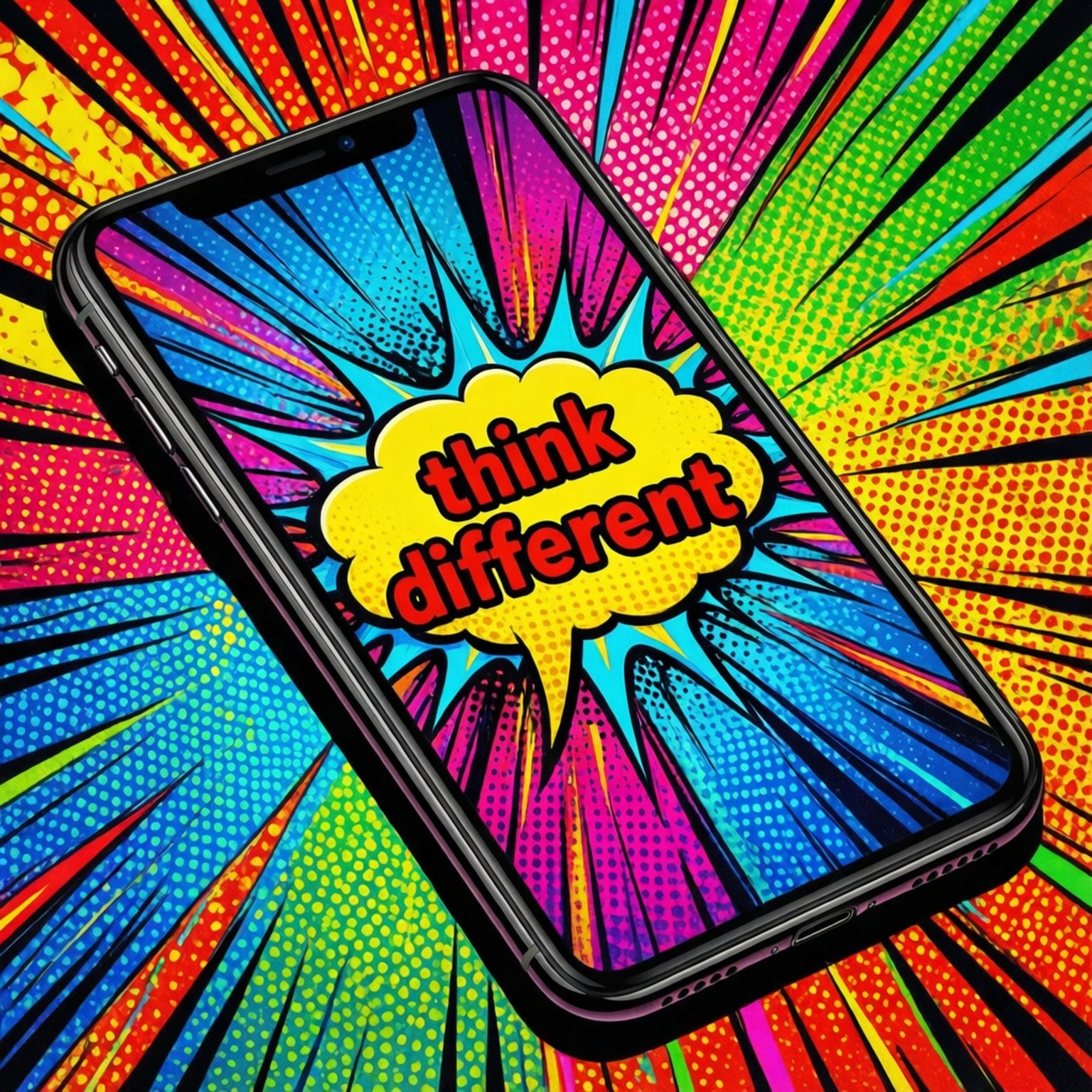 黑色智能手機在漫畫風格的色彩爆炸中顯示「think different」