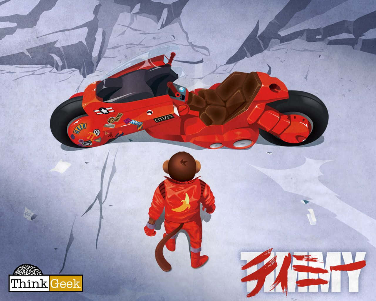 ThinkGeek 的 Timmy 在 Akira 背景中 壁紙 — 一隻穿著紅色連身衣的小猴子站在一輛紅色摩托車前，背景是雪地岩石景觀。