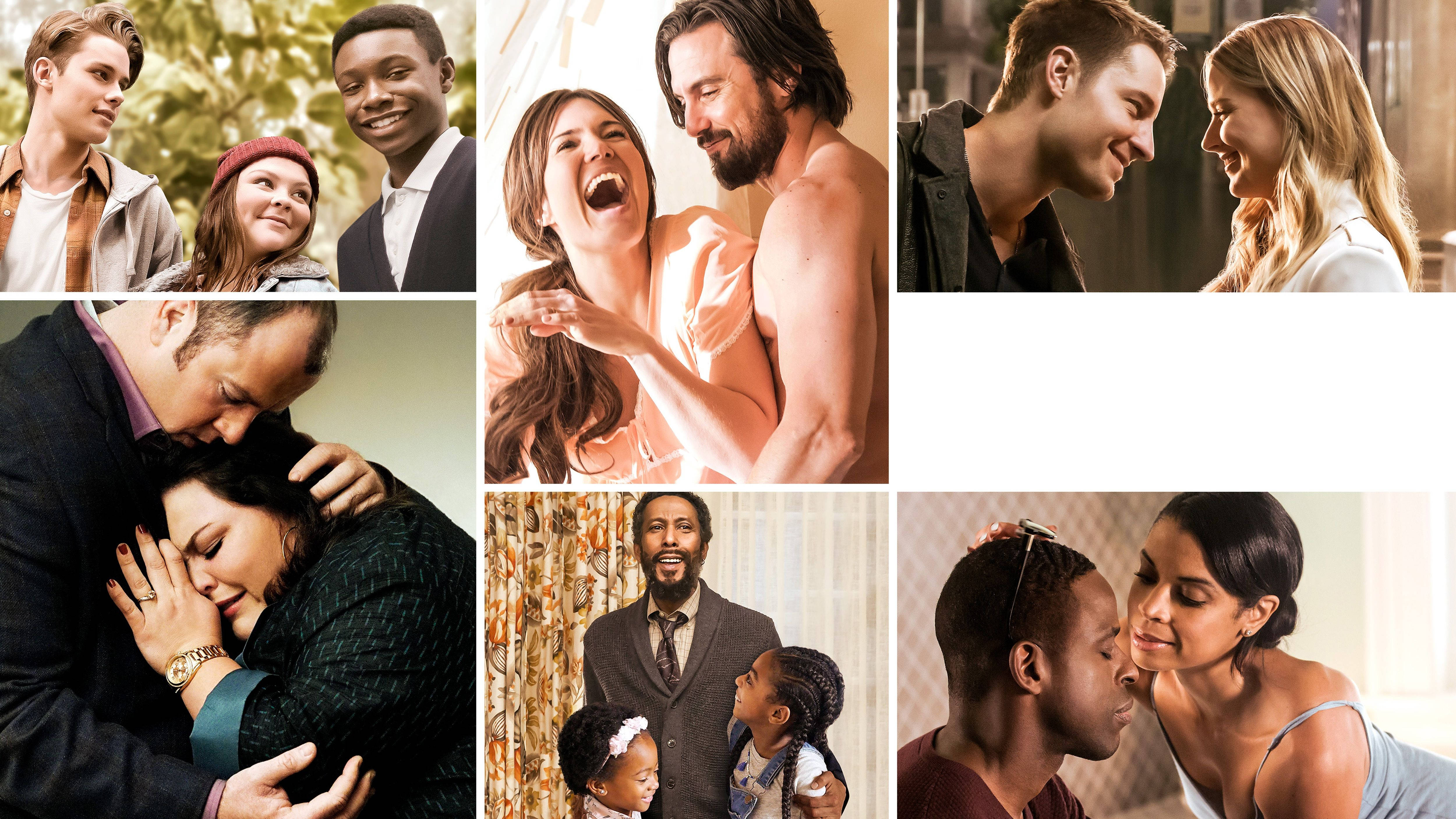 《This Is US》劇集演員與角色 壁紙 — 一幅由六個親密人類時刻組成的拼貼畫，展示不同情侶和家庭在溫暖室內環境中的情感和聯繫。