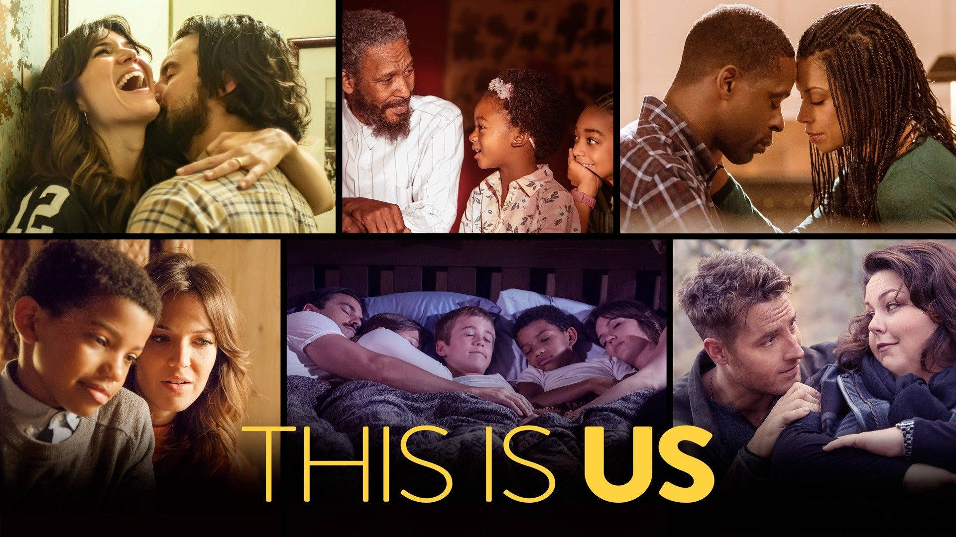《This Is US》拼貼海報 壁紙 — 一幅溫馨家庭時刻的拼貼畫，展現不同場景和年齡層中的愛、歡笑與靜默連結。