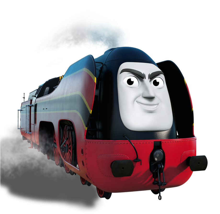 Thomas Friends 表情列車角色 壁紙 — 一個快樂的動畫蒸汽火車頭，紅色前端和藍色車頂，在黑色背景上噴出白色煙霧。
