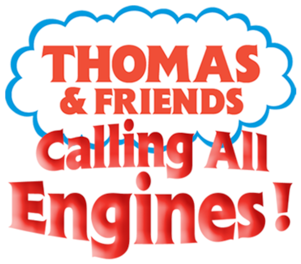 Thomas Friends：Calling All Engines！標誌 壁紙 — 藍色輪廓的白色雲朵內，粗體紅色文字寫著「THOMAS & FRIENDS Calling All Engines!」。