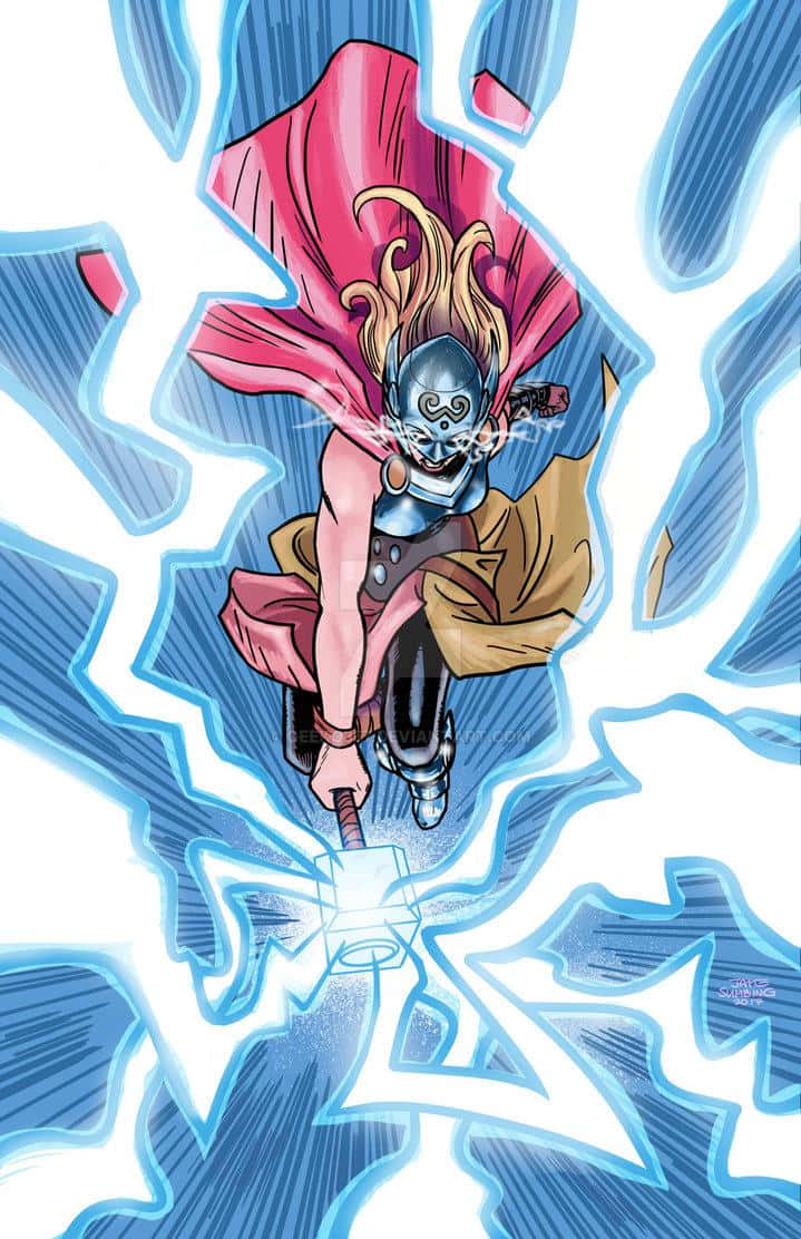 Jane Foster 桌布 壁紙 — Thor 在白色背景上揮舞著他的錘子，伴隨著噼啪作響的藍色閃電和飄逸的紅色斗篷。