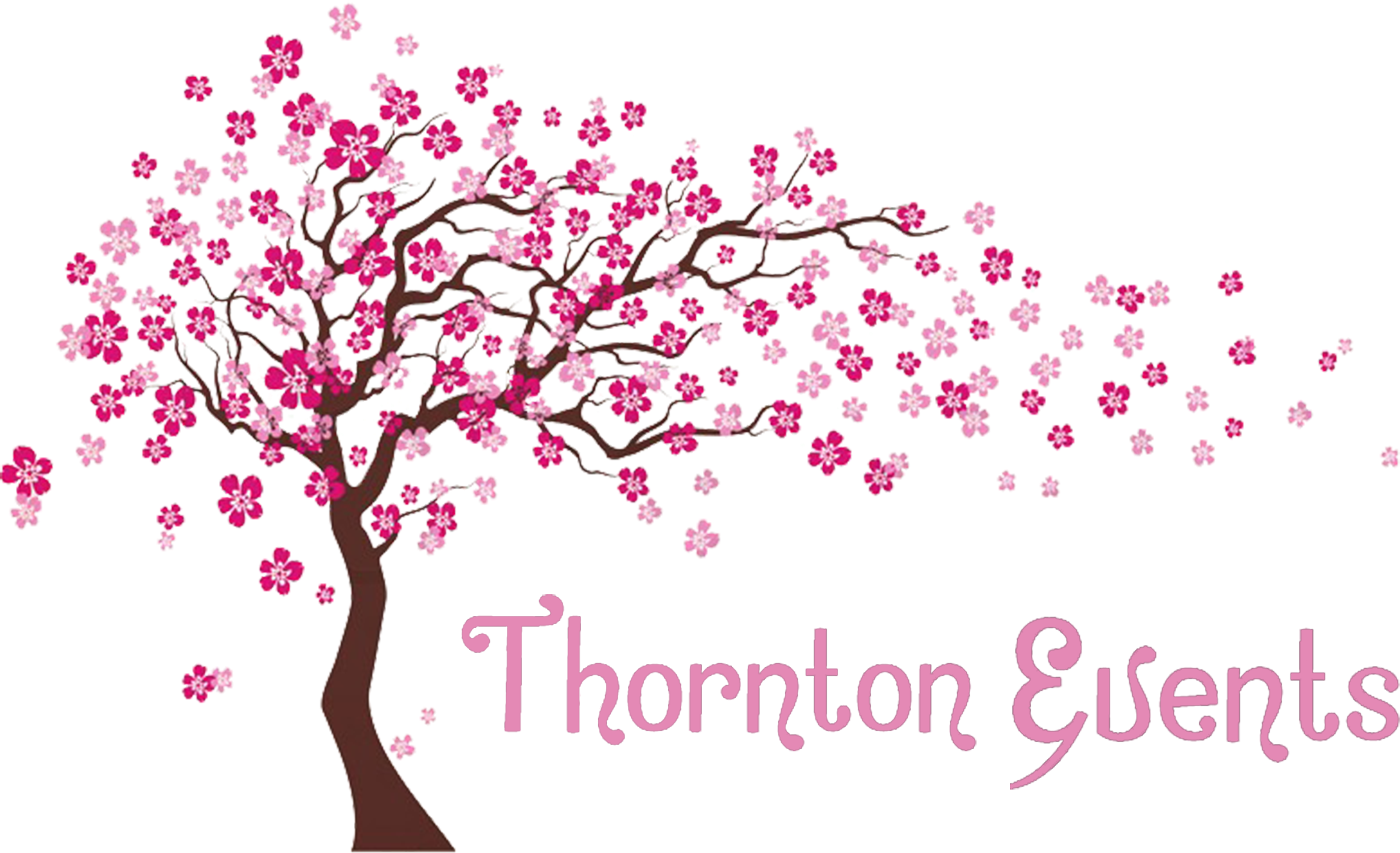 櫻花圖案 - Thornton Events 壁紙 — 一棵風格化的櫻花樹，開著粉紅色的花朵，在黑色背景上綻放，並帶有「Thornton Events」文字。