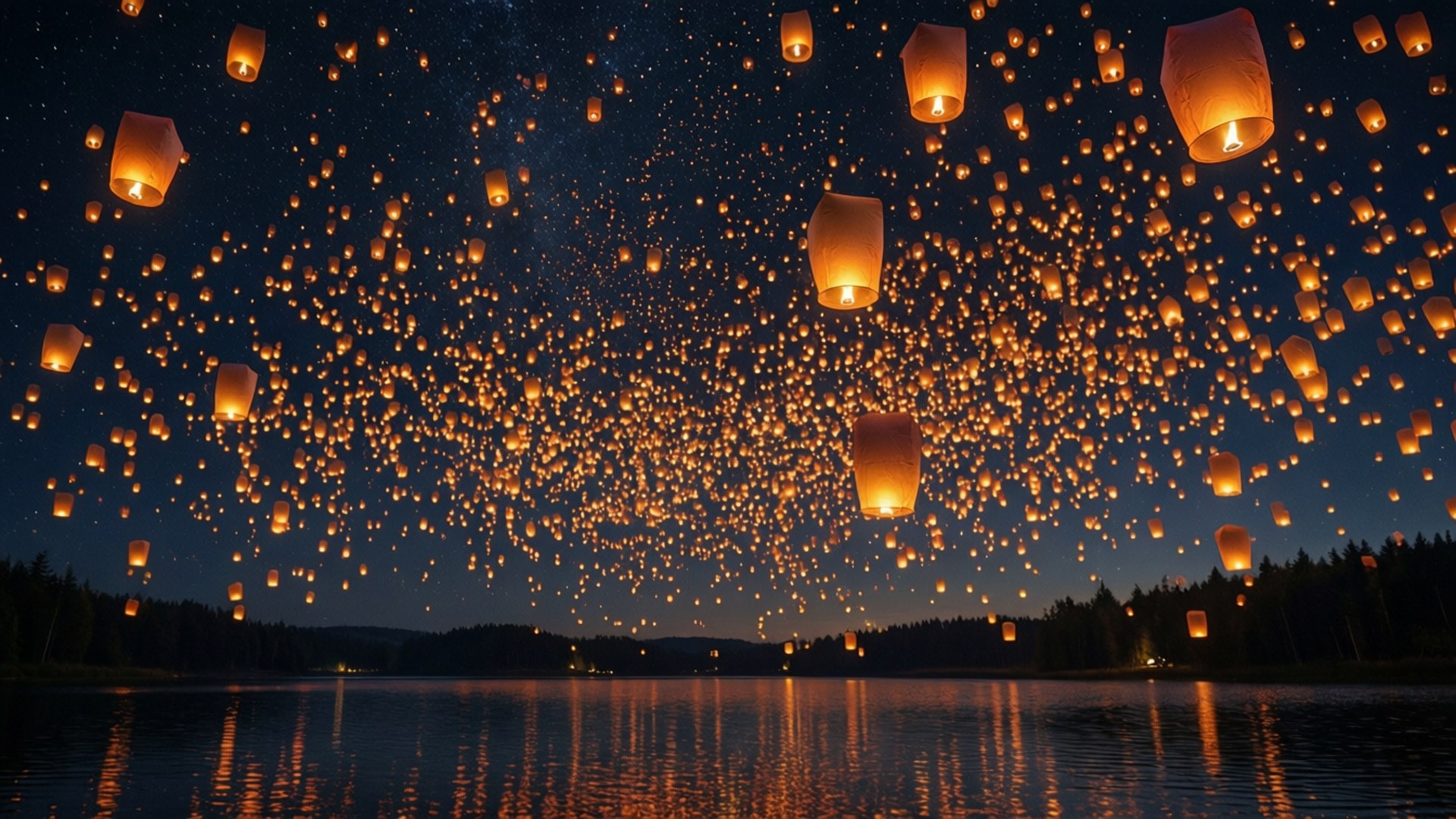 Lantern Festival 桌布 壁紙 — 數千盞發光的天空燈籠漂浮在平靜的湖面上，將溫暖的光芒反射在黑暗的星空夜空中。