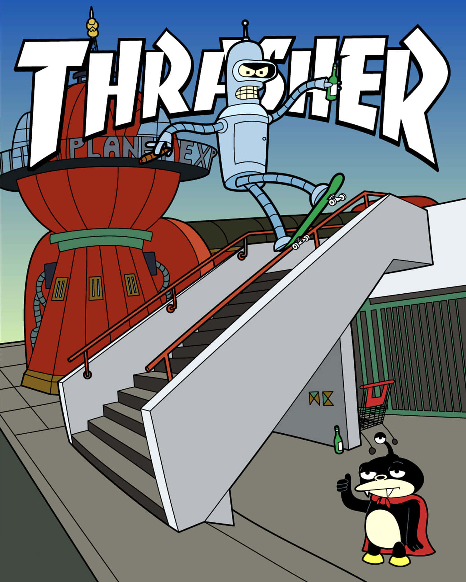 準備以全新Thrasher造型征服城市街道 壁紙 — Bender 踩滑板落混凝土樓梯，而一隻披住斗篷嘅企鵝喺下面豎起拇指。