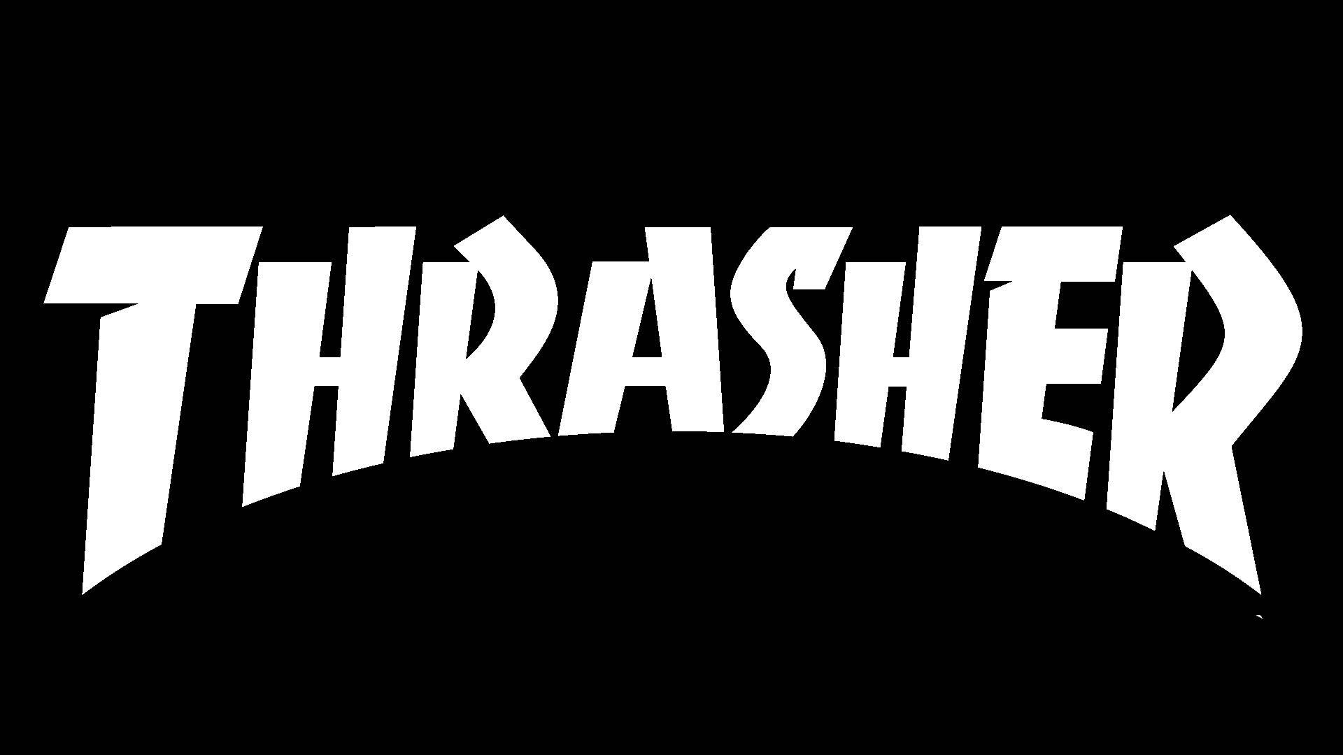 Thrasher 白色標誌 壁紙 — 大膽的白色THRASHER標誌以風格化字體拱形排列在純黑色背景上。
