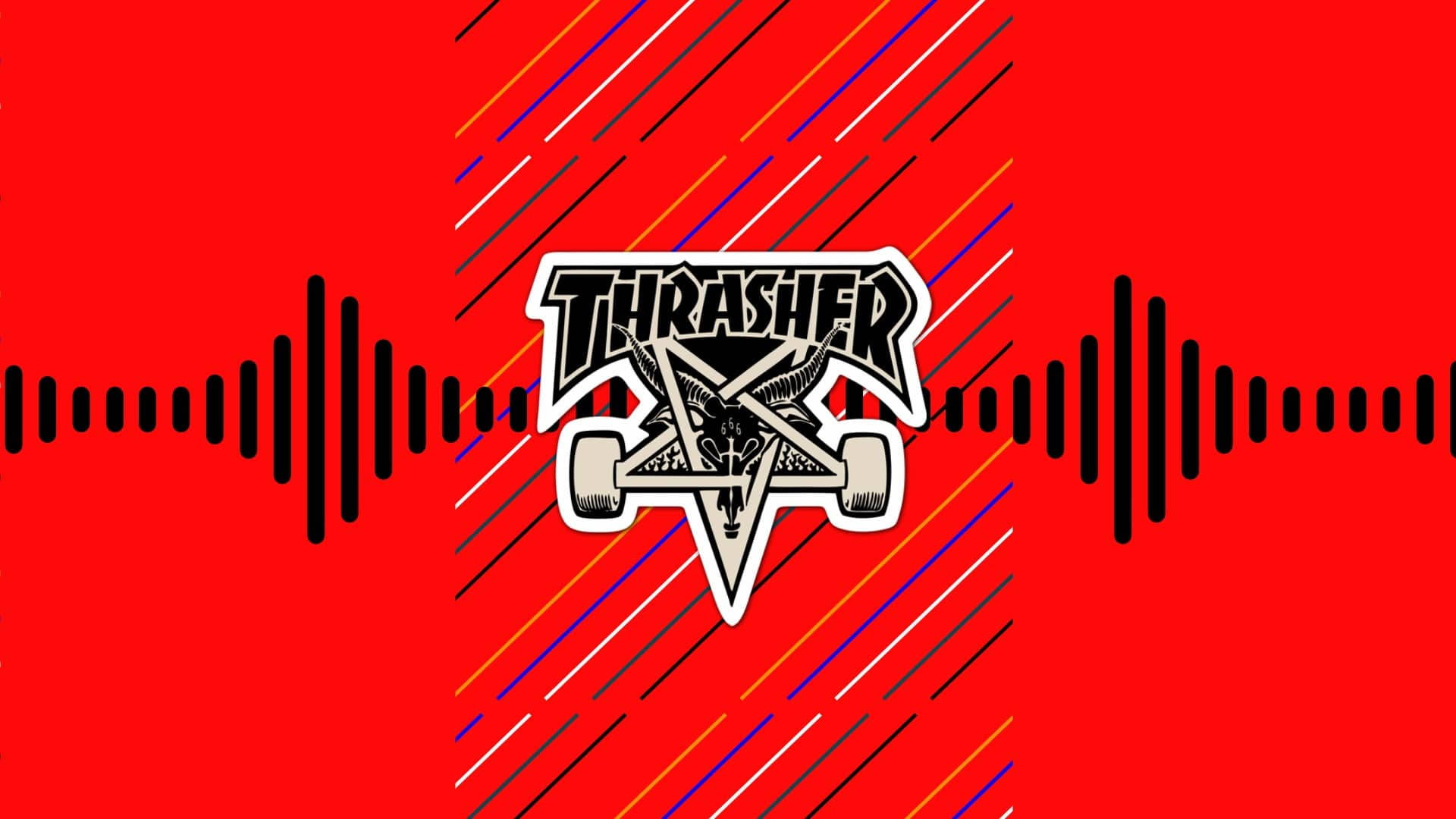 Thrasher雜誌標誌，帶惡魔角的滑板，紅色背景，音頻波形和對角線條。