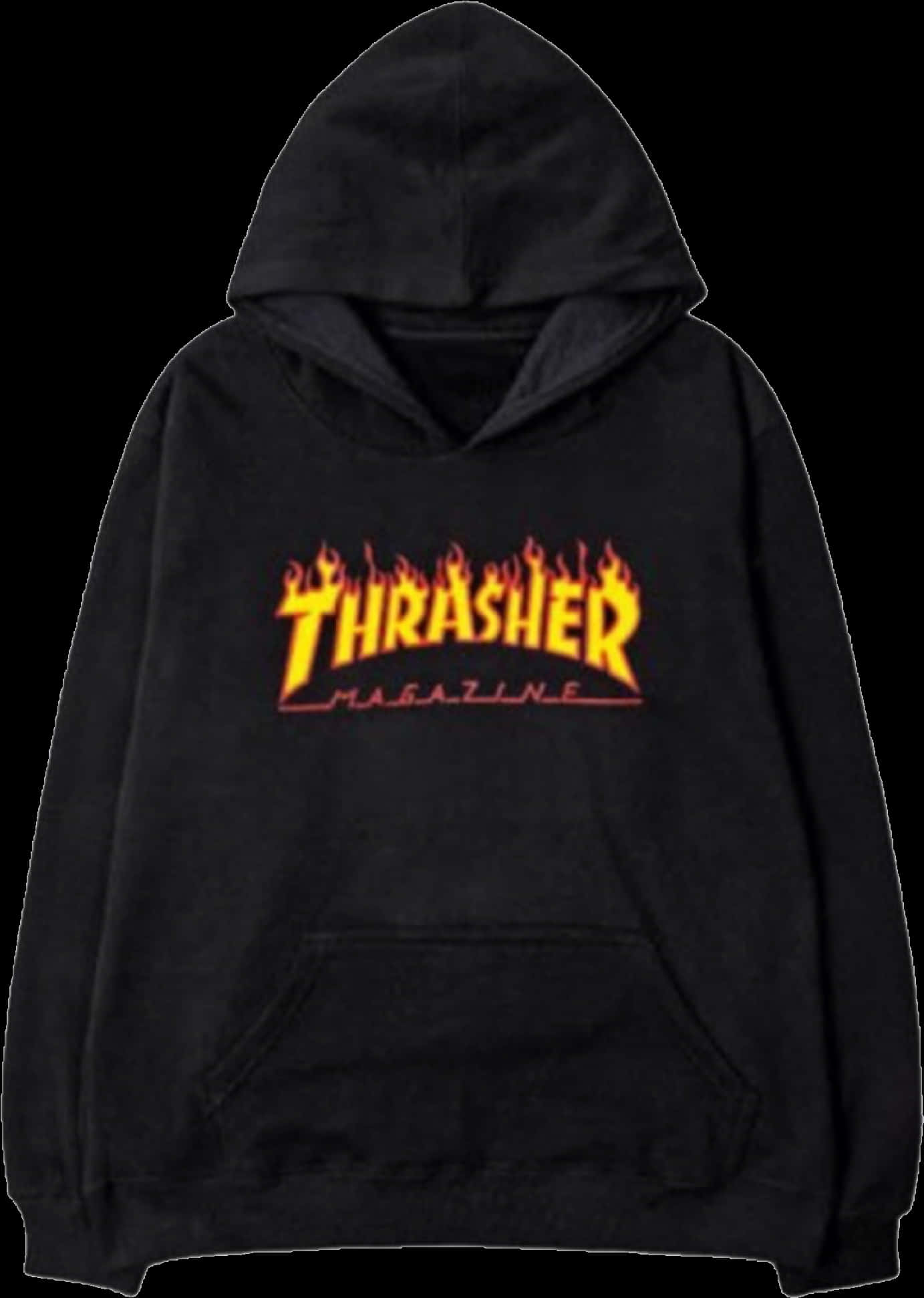 黑色Thrasher連帽衫火焰標誌 壁紙 — 黑色連帽衛衣，在純黑背景上印有橙色和黃色的醒目火焰風格 Thrasher Magazine 標誌。