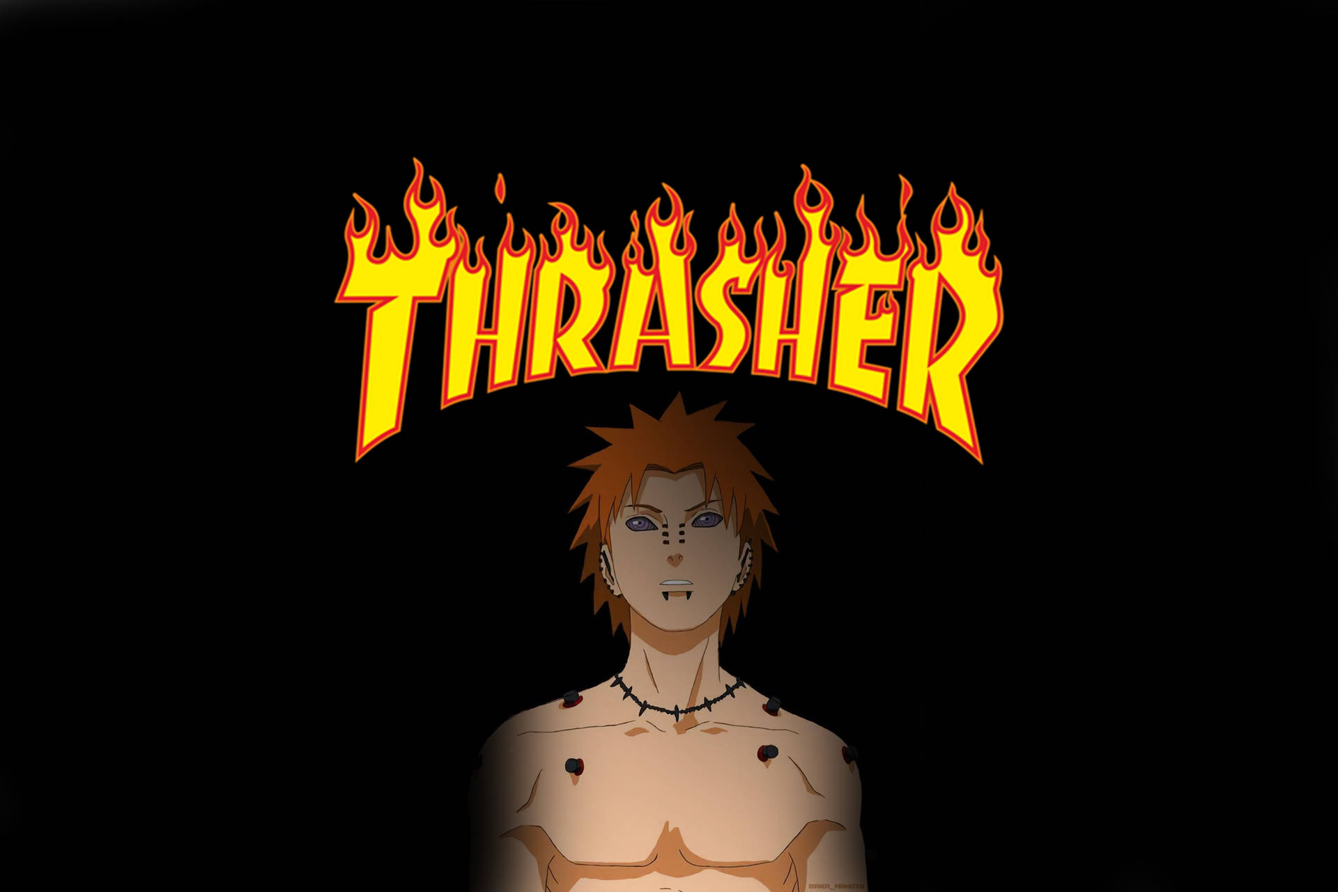 一個擁有尖牙和尖刺頭髮的動漫角色，位於燃燒的THRASHER標誌下方。