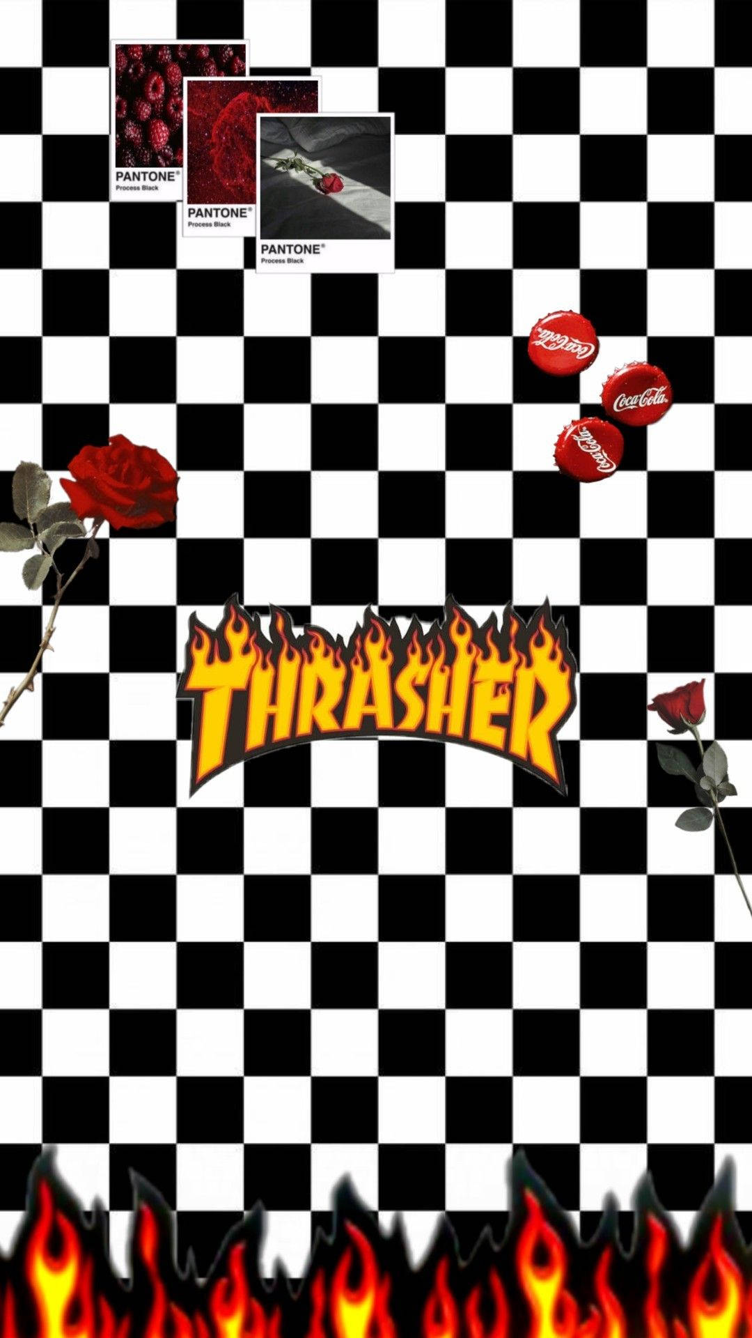 黑白格仔牆紙，帶有火焰Thrasher標誌和紅玫瑰。