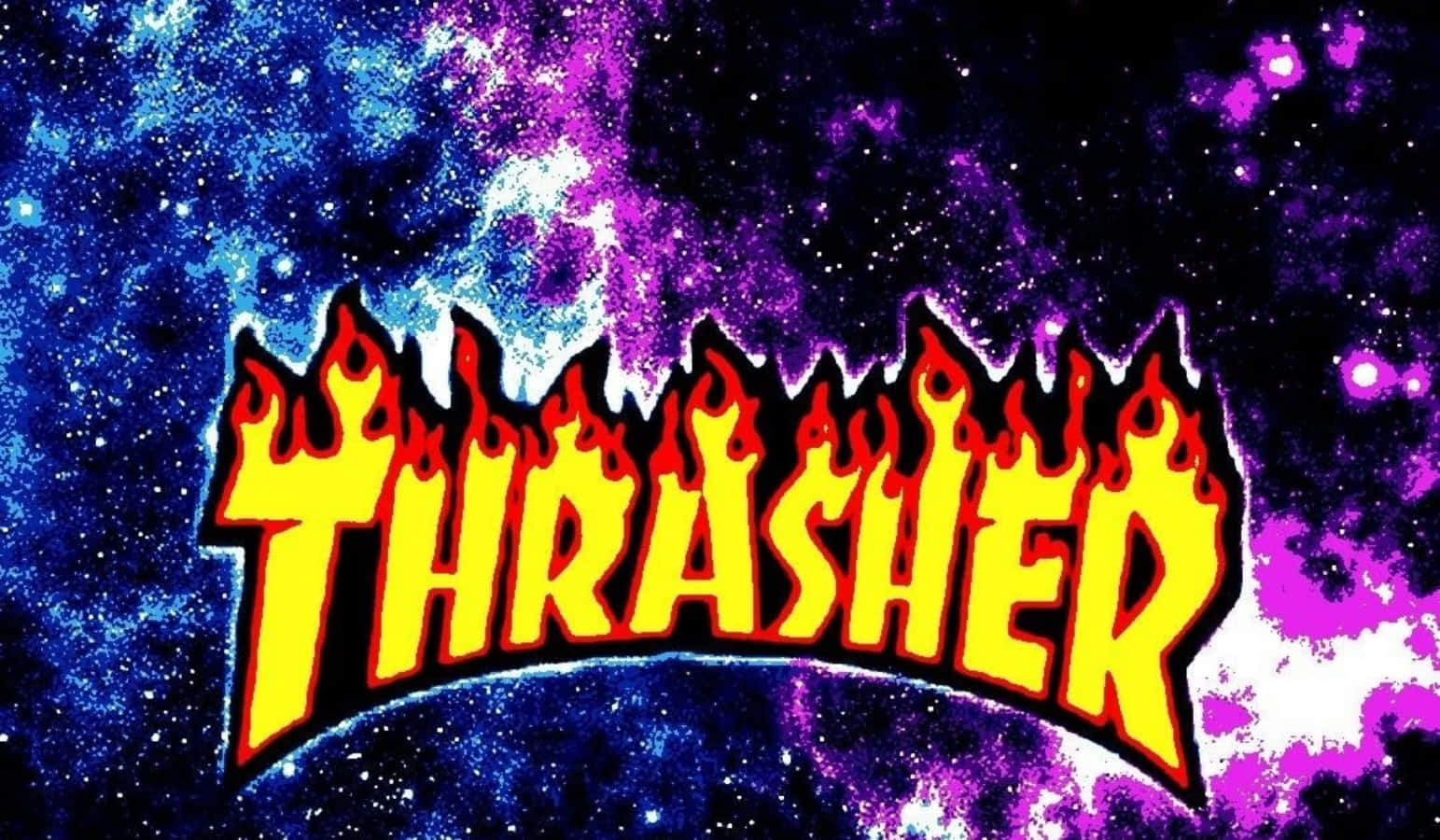 Thrasher標誌，帶有火焰字母，背景為色彩繽紛的宇宙。