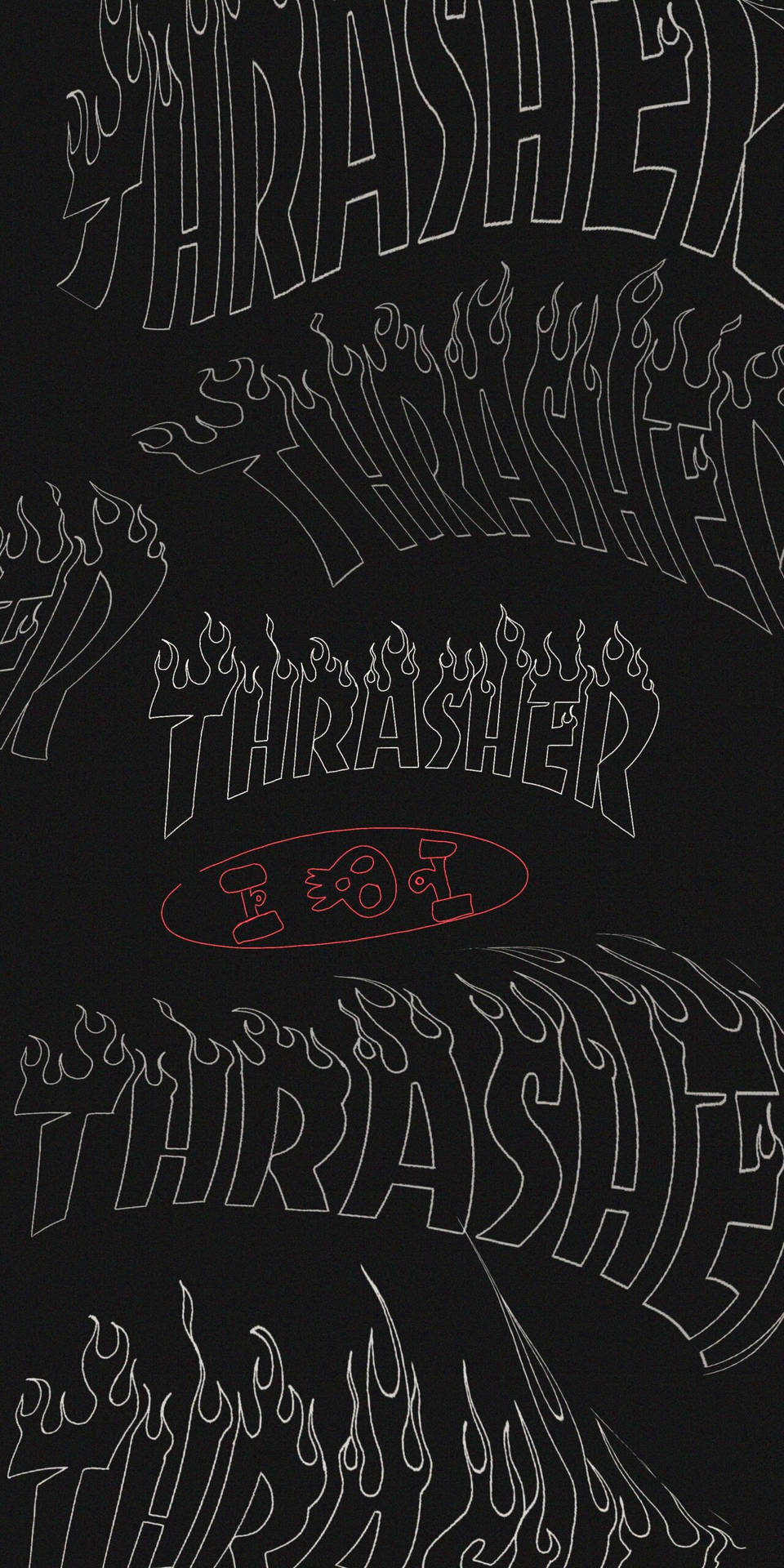 在黑色背景上重複出現帶有白色火焰設計的Thrasher滑板標誌。