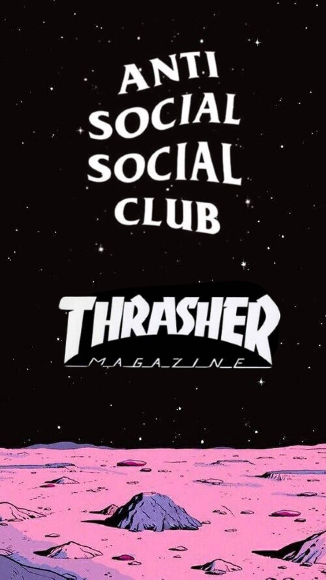 粉紅色外星地形在星空下，帶有Anti Social Social Club和Thrasher Magazine的標誌。