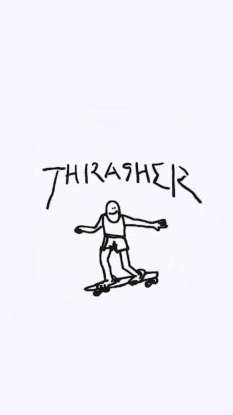 白色Thrasher滑板iPhone壁紙 壁紙 — 一個極簡主義的黑色墨水素描，描繪一個微笑的滑板手，下方有THRASHER字樣，背景為純白色。