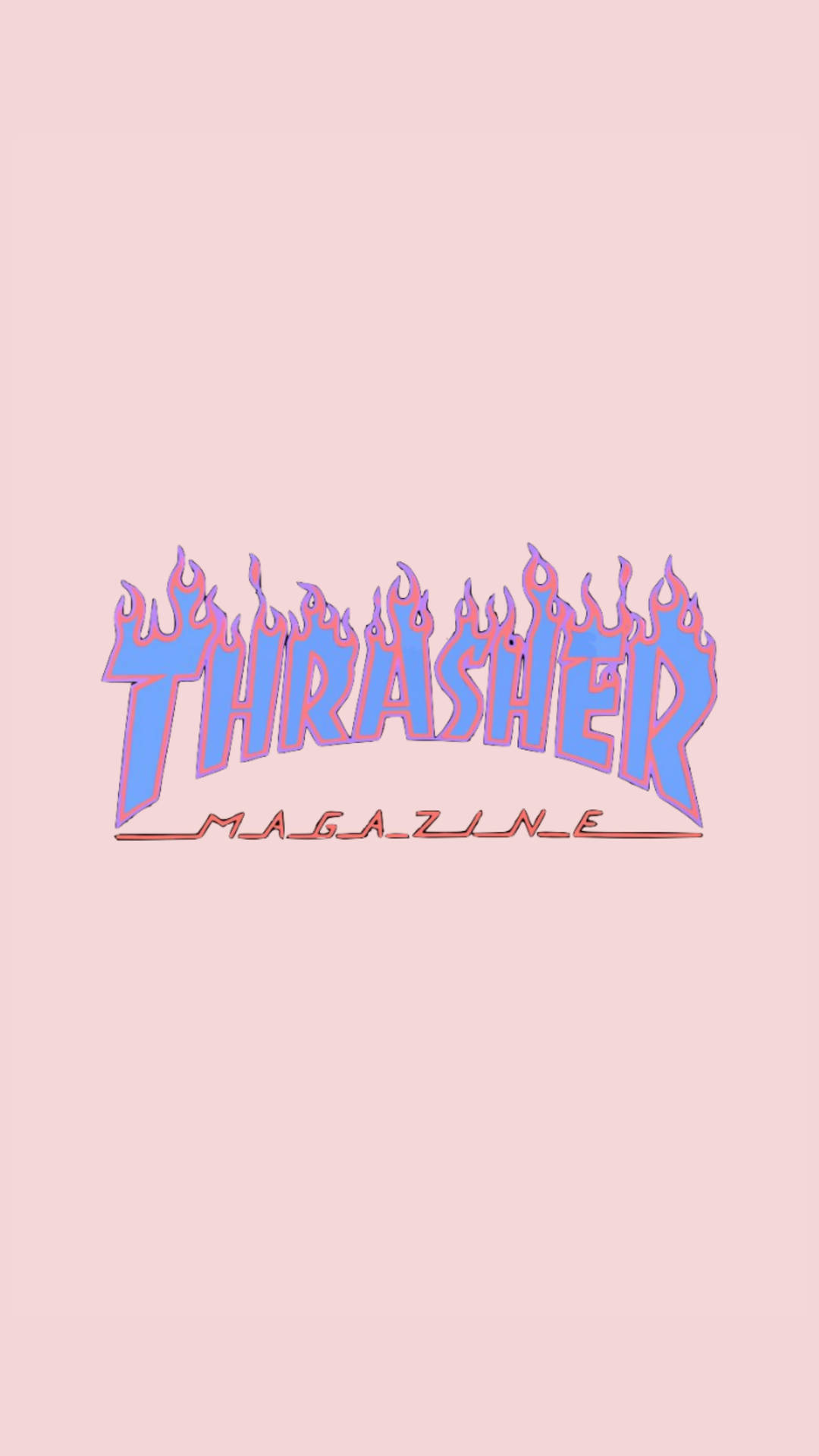 Thrasher Magazine 標誌，帶有火焰設計，背景為粉紅色。