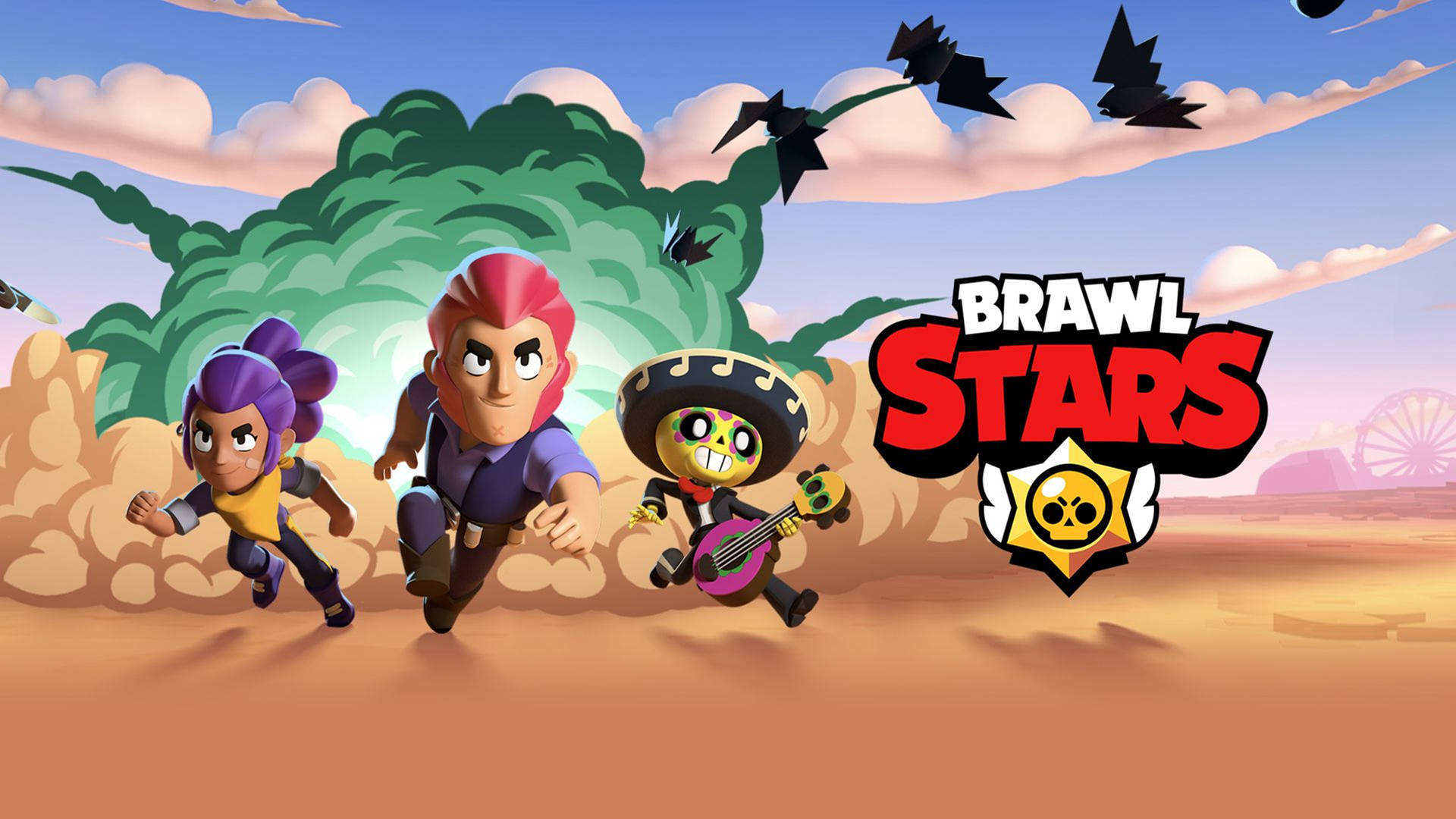 三個 Brawl Stars 角色在沙漠中奔跑，蝙蝠在上方飛翔。