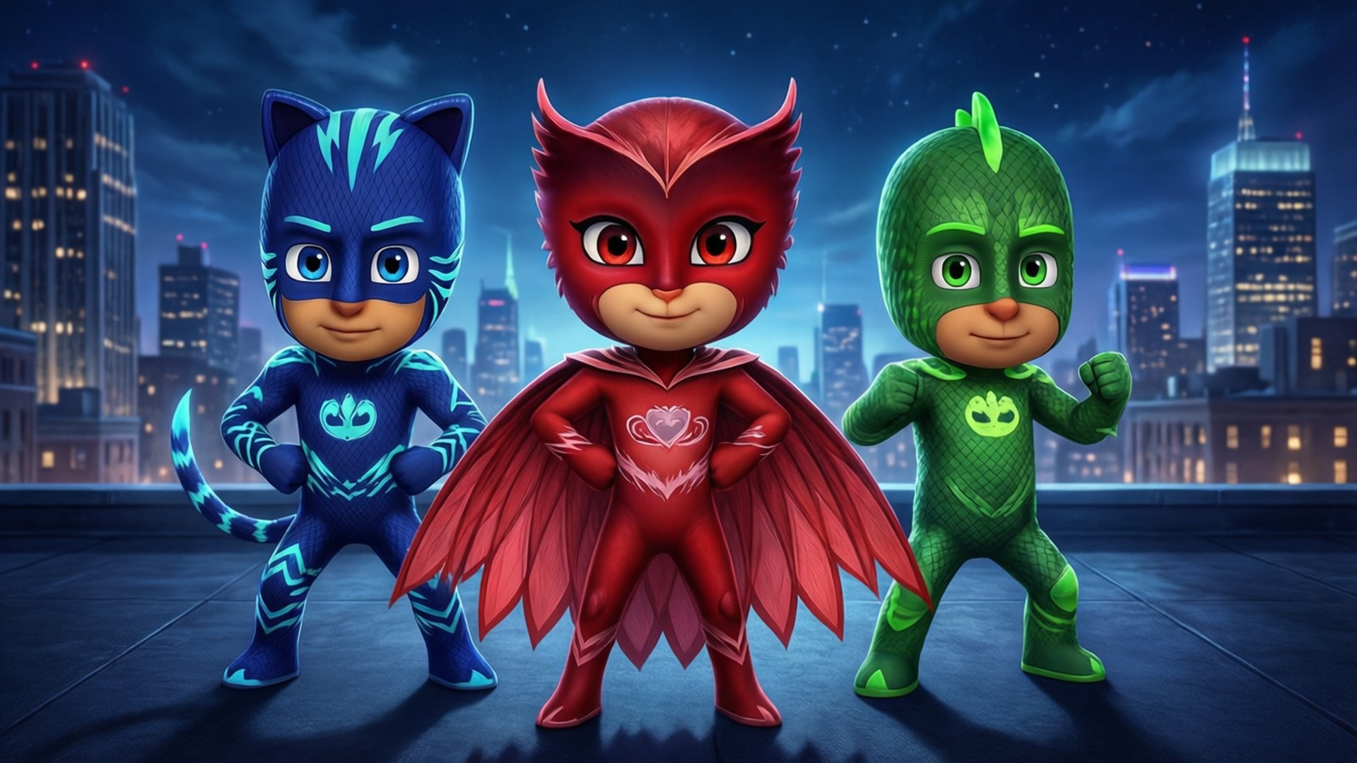 Pj Masks 桌布 壁紙 — 三個動畫超級英雄小孩，身穿藍色、紅色和綠色服裝，自信地站在屋頂上，背景是夜間閃爍的城市天際線。