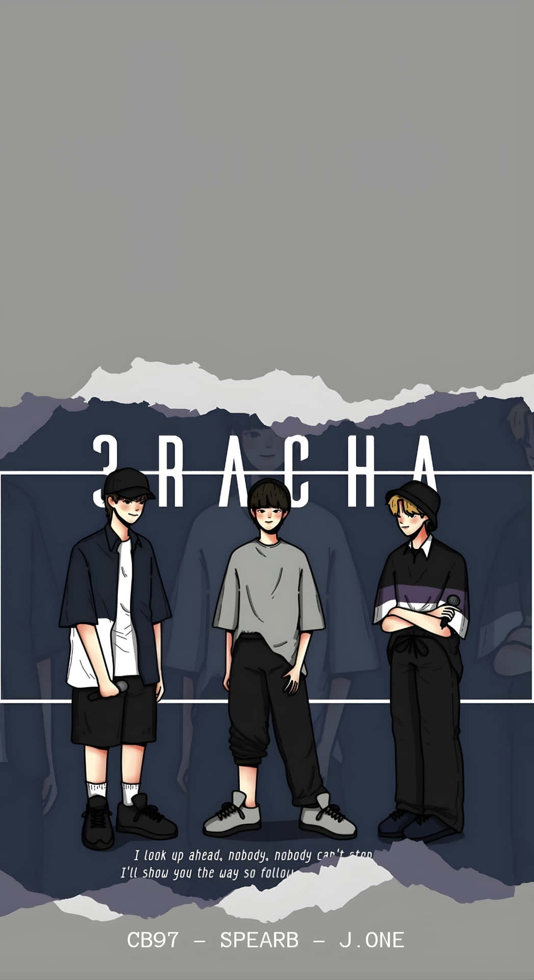  壁紙 — 三個動漫風格男孩自信地站在撕裂的山景背景前，配有粗體文字和勵志名言。