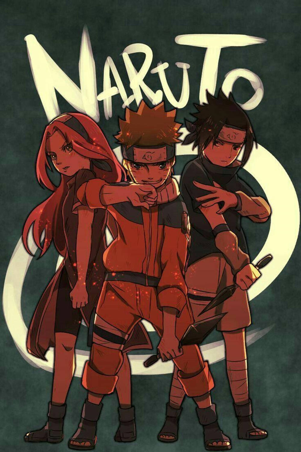 三個動漫忍者角色身穿橙色和黑色裝備，背後有 Naruto 字樣。