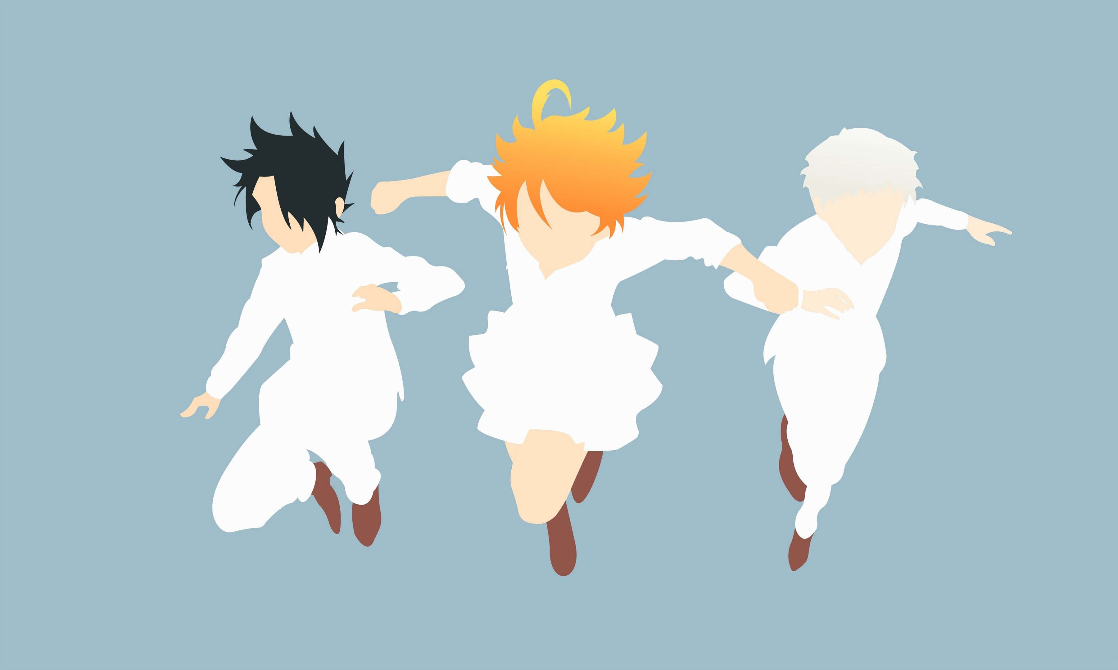 The Promised Neverland Norman 桌布 壁紙 — 三個身穿白色服裝的動漫角色在純藍色背景上動態跳躍。