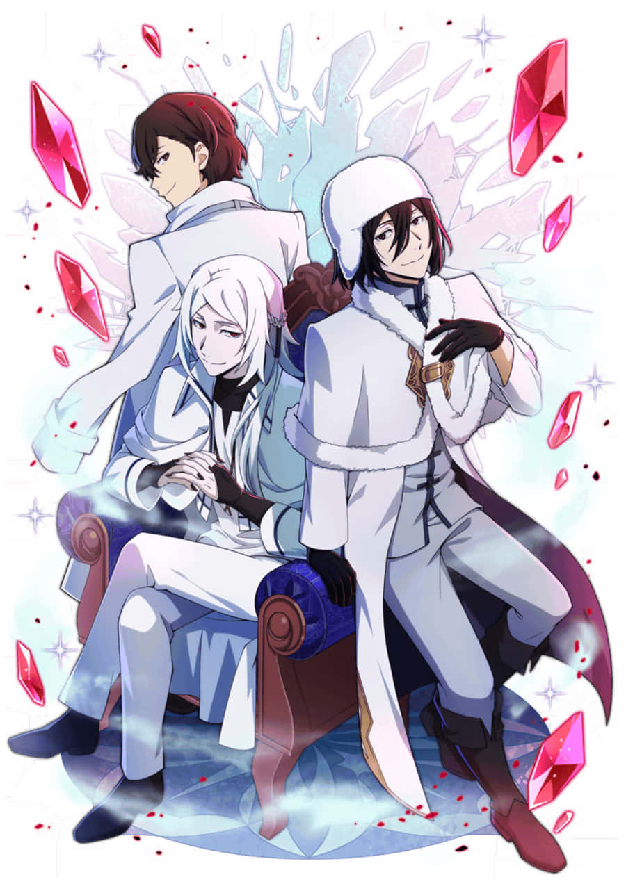 Shibusawa Tatsuhiko 桌布 壁紙 — 三個穿著白色冬季外套的動漫角色坐在一個被漂浮的粉紅色水晶和冰碎片包圍的王座上。