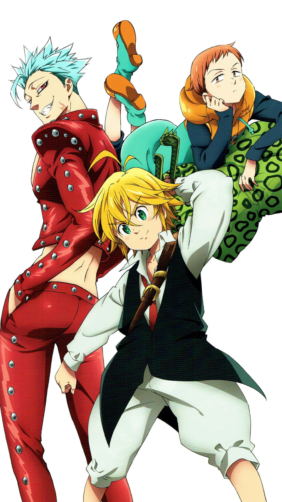 Seven Deadly Sins Ban 桌布 壁紙 — 三個動漫角色在白色背景前以鮮豔色彩和銳利線條動態擺姿勢。